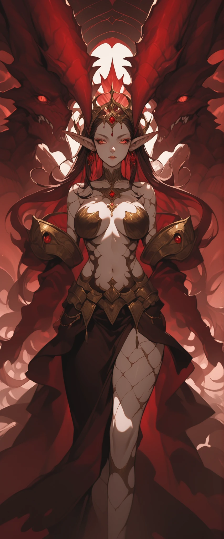 This character has a striking design, clearly inspired by fantasy styles dark and high fantasy. Here is a detailed description: physical features skin: extremely pale, almost white, with visible scales on parts of the body (ombros, hips and belly), suggesting an origin Draconic or reptilian. Cabelo: Longo, liso, white with red highlights. Bem cuidado, flowing down to the waist. Olhos: Intensely red, with thin black pupils - they provide a penetrating and supernatural look. Orelhas: Long and pointed , estilo elfo, adorned with gold and red earrings and piercings. lips: Pretos, in contrast to pale skin. Unhas: Longas, black and sharp, almost like claws. Costumes and accessories Clothing: A bold and revealing black costume, with strategic cuts that expose part of the breasts, belly and hips. There are golden details and red stones in the costume, reinforcing a luxurious style. jewelry: She wears many gold accessories with red stones: Choker with a large stone in the center Bracelets on both arms Large and ornate earrings Gold chains surrounding the hips Adornments on the head: A golden tiara with a red stone, symbolizing perhaps royalty or magical power. Other details Body marks: Beyond the scales, there are scars or red marks visible on the right thigh, giving the appearance of a warrior or a survivor of battles. Overall appearance : She exudes confidence, power and sensuality. The pose and the look demonstrate dominance and pride. Race (ficcional) It probably belongs to a fantasy race like: Dark Elf (dark elf), but with mutations or draconian features. It can also be a draconian or Between Elf and Dragon, due to the reptilian scales and eyes. The aesthetic also aligns with succubi or noble demonic entities, given the colors, sensuality and mystical elements.