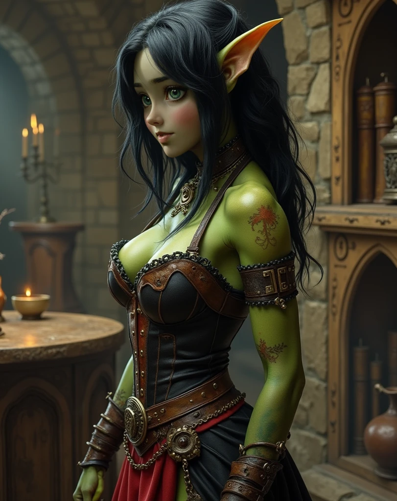 meio-orc, pele verde, female, fantastic look, Personagem de RPG, fantasia medieval, cabelo preto curto, olhos vermelhos, 1.90 altura, Muskateer, tiro de meio corpo, As cicatrizes, ((corte de cabelo moicano)), Botas pretas, corpo inteiroesbian ((corpo inteiroesbian)), corpo muscular, nu,avental de ferreiro, ((Fantasia preta fantasia)), ((pele verde-escura)), presas venenosas, ((Abra as presas da boca)), ((alta qualidade)), ((Meios-orcs completos)), ((metade)) Large breasts exposing the,figura sexy,rotina