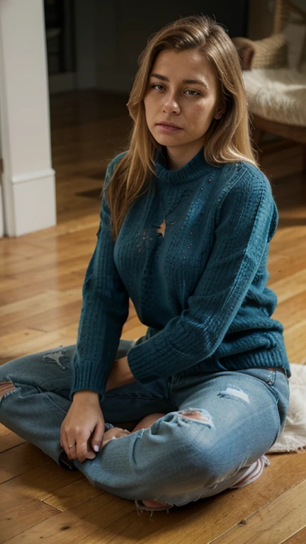 single focus lens, 8k resolution, ultra-realistic face, sensual woman, red hair, ice blue eyes, narrow waist, beautiful breasts, wearing a (casual sweater and jeans:1.2), sitting at a desk in a cozy, well-lit bedroom, with glasses, looking at a news website on a high-definition monitor, detailed background with bookshelves and personal items, warm ambient lighting, soft shadows, highly detailed textures, photorealistic skin, focused expression