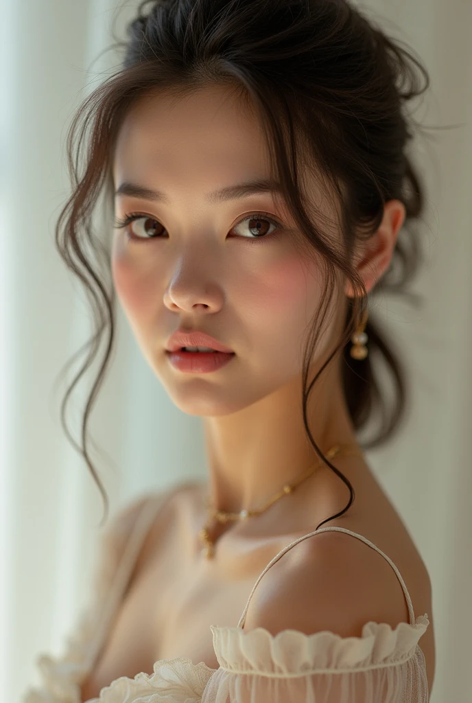 ((masterpiece、highest quality、genuine、Super detailed、High resolution、photogenuineistic、sharp focus、cinematic lighting))、Stunning portrait of a beautiful woman、high contrast、high color saturation、cowboy shot、Focus from the waist up、Fashion model 25 years old、Easy underwear、[[[[chest]]]]、[[[[waist]]]]、[[[[head]]]]、[[[[up to the shoulders]]]]、perfect eyes、perfect iris、perfect lips、perfect teeth、perfect skin、model pose、soft front light、shine