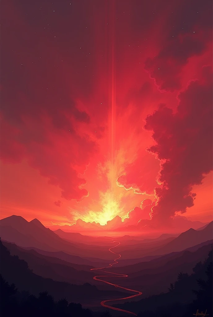 red sky with star rain and big lake