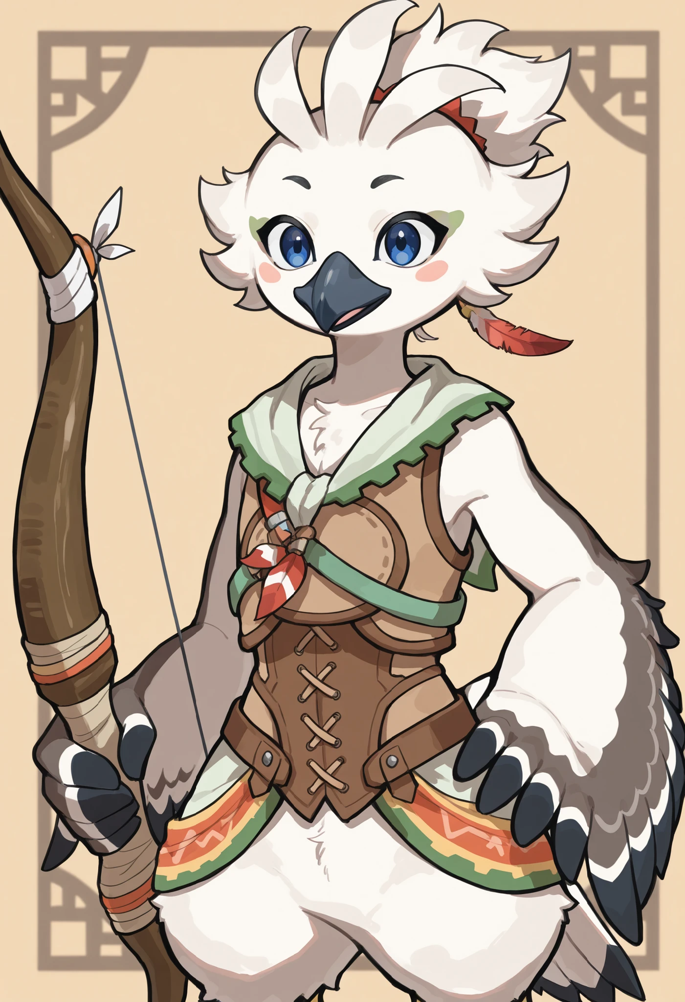 ((soft shading, 4k, hi res, detailed face, detailed, Best quality, masterpiece, perfect line art, perfect body, detailed anatomy, perfect shading)), by Zioxing, by K0BIT0WANI, solo, 1male, Tulin, Rito, Rito[TLOZ], Rito, avian, bird, feathers, tail short plume, beak, anthro, boy body, femboy body, sleeveless uniform, holding bow, in the Rito village 