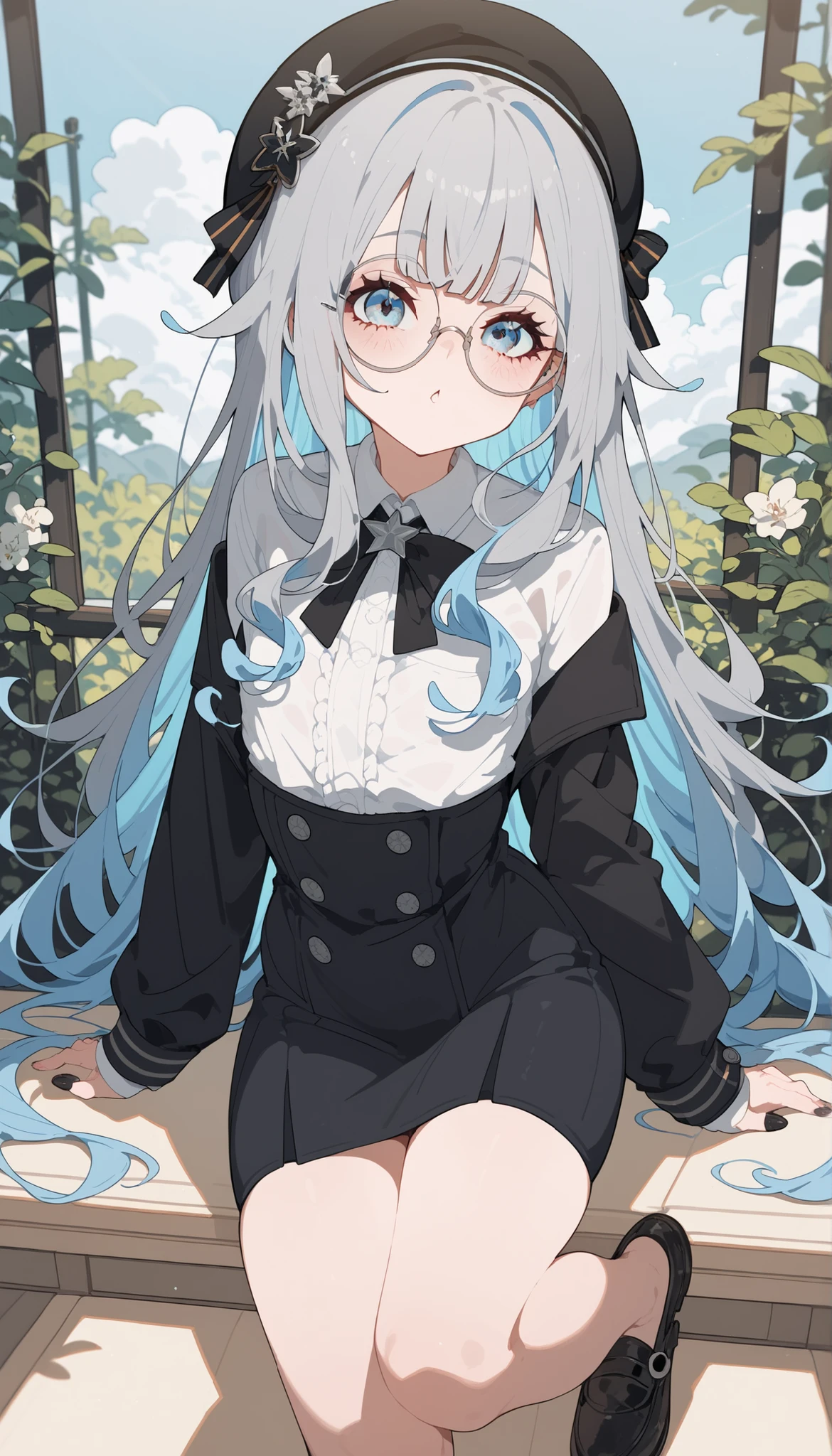 Alone ,,Wear glasses, wear,round glasses,Gray hair,Light Blue Hair, Two tone hair,long hair,cute,Long Sleeve Shirt,small breasted shirt,, wear a black beret, Long Black Skirt ,Black Shoes,artist,