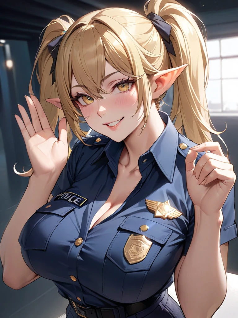 score_9, score_8_up, score_7_up, score_6_up, anime_source, thicc elf police woman, black latex Police uniform, strict hair, big butt, cleavage , busty,  bank robbery, bank, dark, angry face, upper body, from front 