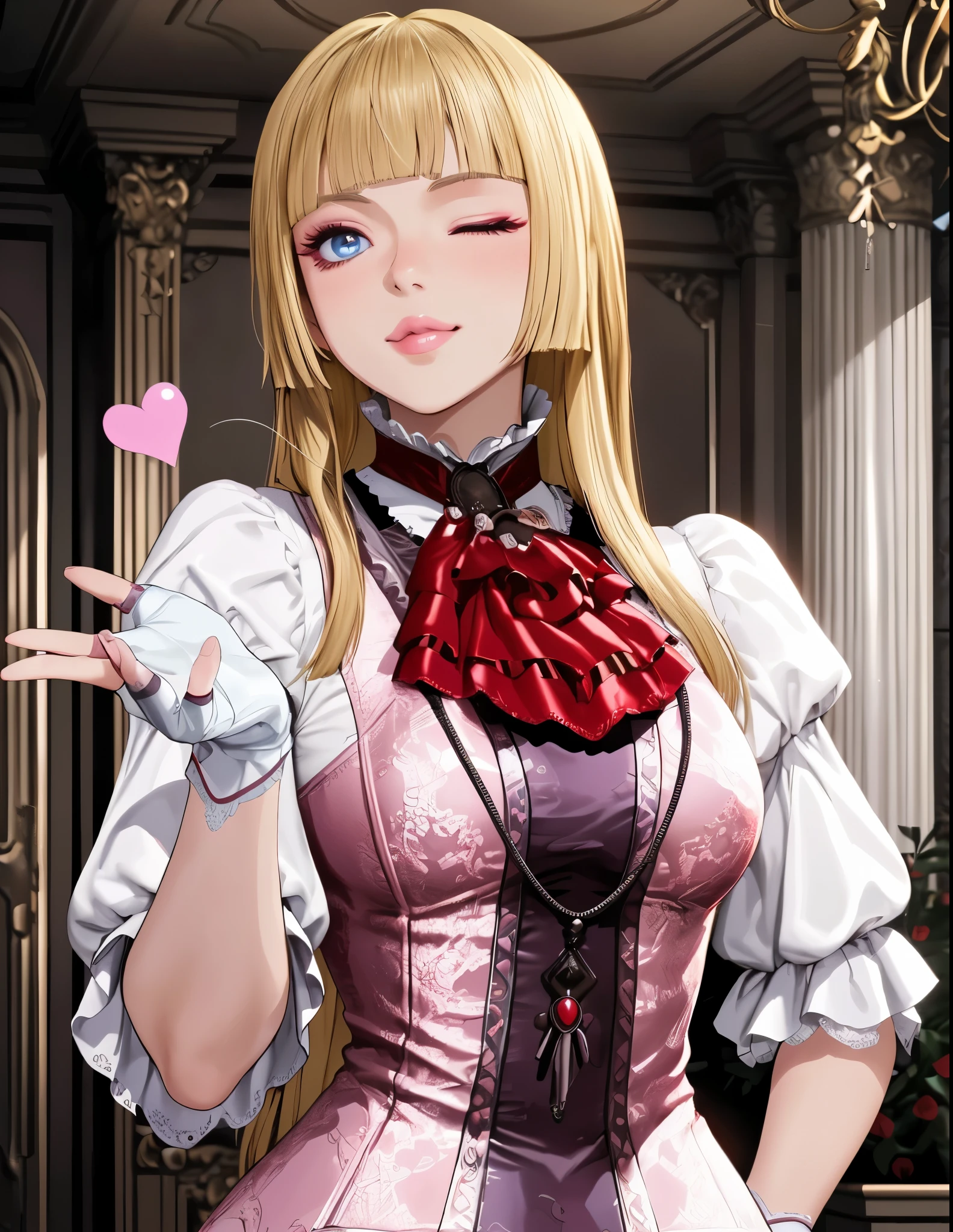 perfect eyes:1.2, detailed eyes:1.4, smile, tekken 8_lily, long hair, one eye closed, hime cut, blonde hair, blunt bangs, blue eyes, makeup, eyeshadow, lips, sleeves past elbows, white shirt, red neckerchief, pink dress, high-low skirt, necklace, white gloves, fingerless gloves, pink thighhighs, mansion, indoors, upper body, wink, heart, blowing kiss, puckered lips, homare artstyle, 1girl, solo, (masterpiece:1.6, best quality), 8k, insane details, intricate details, hyperdetailed, hyper quality, high detail, ultra detailed, professional, HDR, ray tracing reflection, cinematic lighting,
