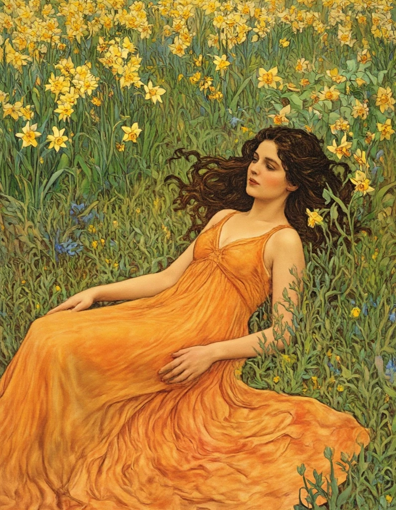 Art style of Klimt, Sam Toft, Florine Stettheimer, Dina Wakley, Catrin Welz-Stein, Gabriel Pacheco, Elisabeth Fredriks. A woman with bare breasts and dark blond hair rests with one hand supporting her head. Around her blooming dandelion flowers, sky and earth, branches, trees, water, yellow sun.