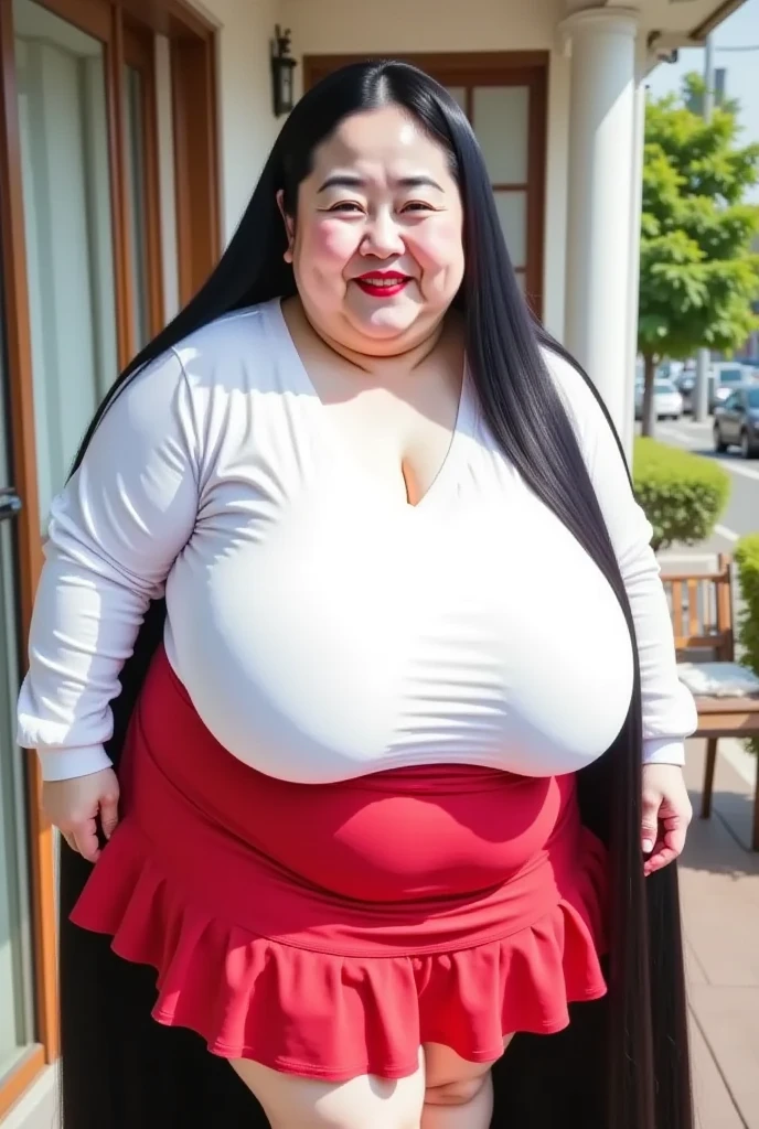 4k, 1 busty mature, japanese, 45 years old, nsfw, pale skin, looking at viewer, From Front, stand, arm behind back, Obese, Plump, bombshell, Enormous Breasts, Sagging breasts, gigantic breasts, puffy nipple, dark areola, large areola, Pubic hair, Overweight Body, Bulky legs, Wide waist, Flabby, Postpartum, long hair, pink pasties, areolas slip from pasties, necklace, in crowd public