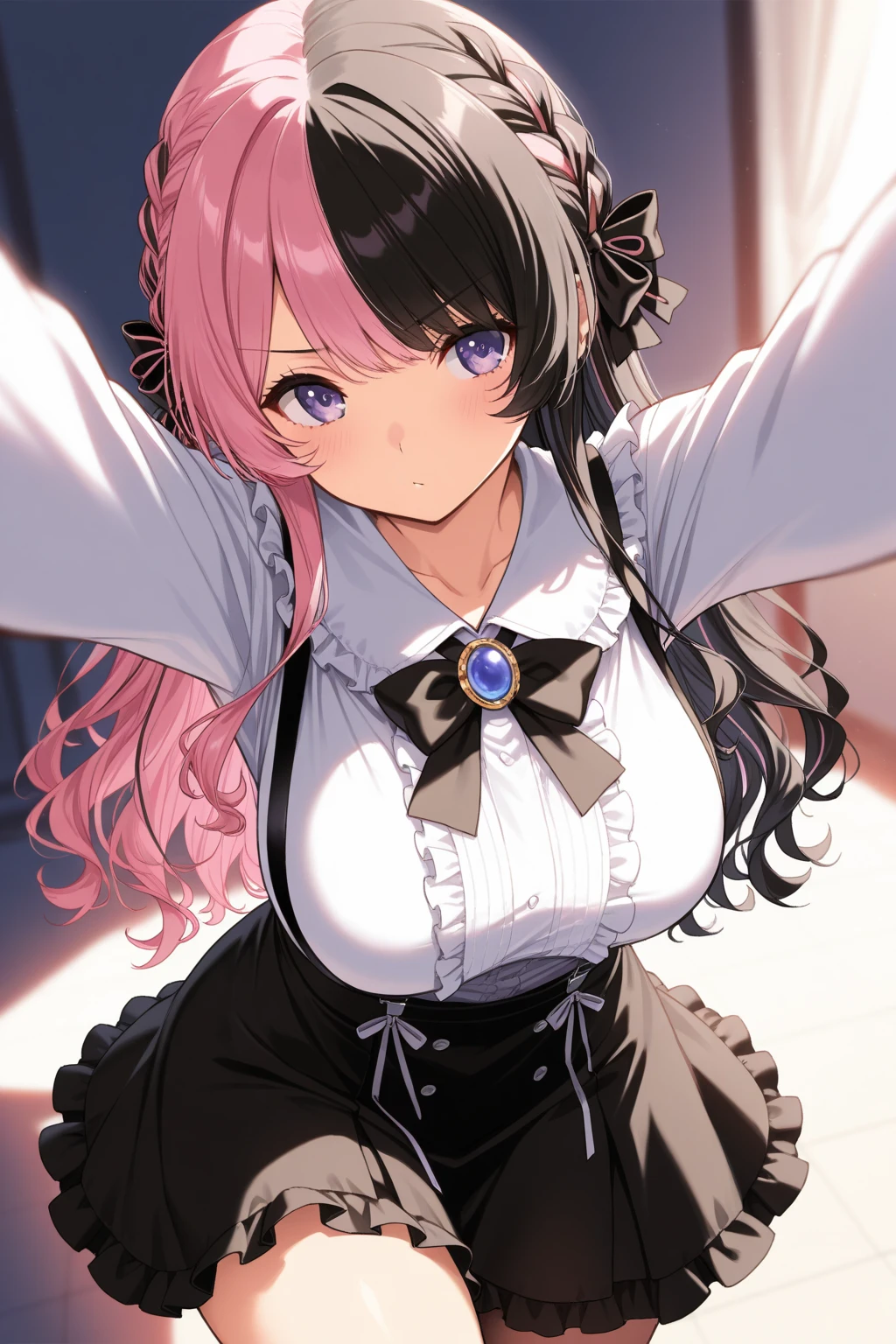 (nsfw:1.5)(masterpiece:1.4)、(Highest quality:1.4)１woman,(Loli face:1.1)、(Full Body Focus)、((Highest quality))、(masterpiece)、(Realistic Shadows）、（Depth of written boundary）、（Intricate details:1.4）Ahegao、Small body(On all fours:1.1)、１A man is inserting his penis from behind( (Bouncing breasts、Chest not aligned,Motion Lines、Motion Blur、trembling:1.2),(Scream:1.2)Blue eyes、Flat color: 1.0) That's it That's that That's that That's that That's that That's that That's that That's that (Black: 1.35) Part the pink two-tone hair vertically in the middle and tie a ribbon on the side: 1.3 ) (Black Half and Half (Black: 1.35) and Pink Hair Parted Vertically in the Center: 1.3) ((:1.35) and Pink Ombre Hair Parted Vertically in the Center: 1.3) (Black Mini Skirt: 1.2 ) (Ribbon/Solid hairstyle: 1.0) (Hair with side ribbons tied in a bow: 1.0) (Beautiful and delicate shiny purple drooping eyes: 1.0) (Drooping eyes with a hood: 1.0) (In the center of the chest White top with a big bow: 1.2 ) (White blouse: 1.2) (White shirt: 1.2) (Smile)