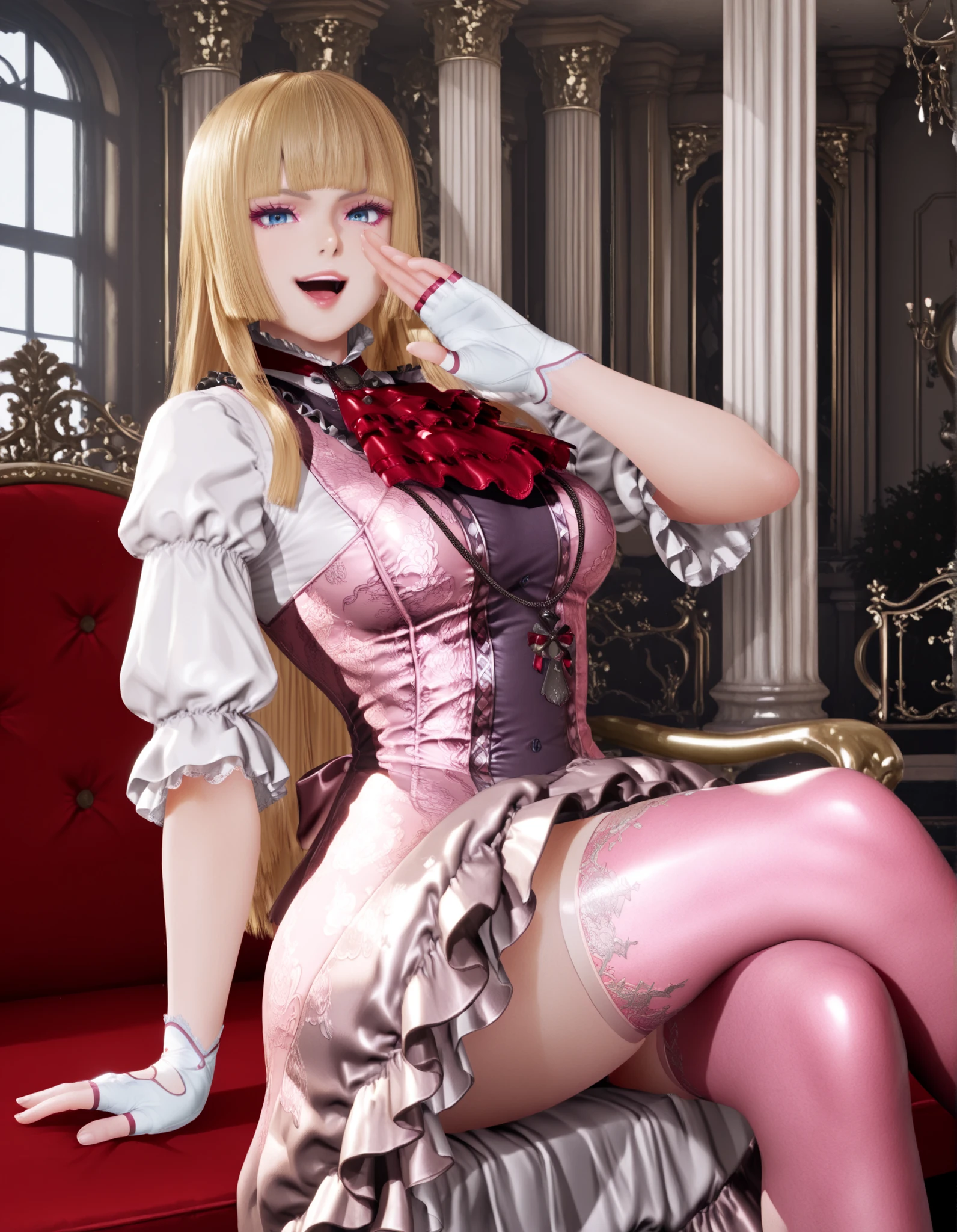 masterpiece, best quality, amazing quality, very aesthetic, absurdres, newest, 1girl, solo, lilit8, long hair, hime cut, blonde hair, blunt bangs, blue eyes, makeup, eyeshadow, lips, sleeves past elbows, white shirt, red neckerchief, pink dress, high-low skirt, necklace, white gloves, fingerless gloves, pink thighhighs, mansion, indoors, smile, looking at viewer, ojou-sama pose, sitting, crossed legs, aged up