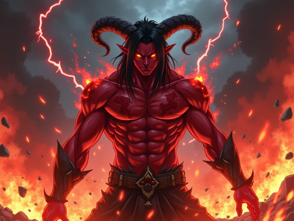 male red skinned tiefling savage sitting down trying to read a childrens book, long black hair, black horns, hell background, red skin, dnd, colored 