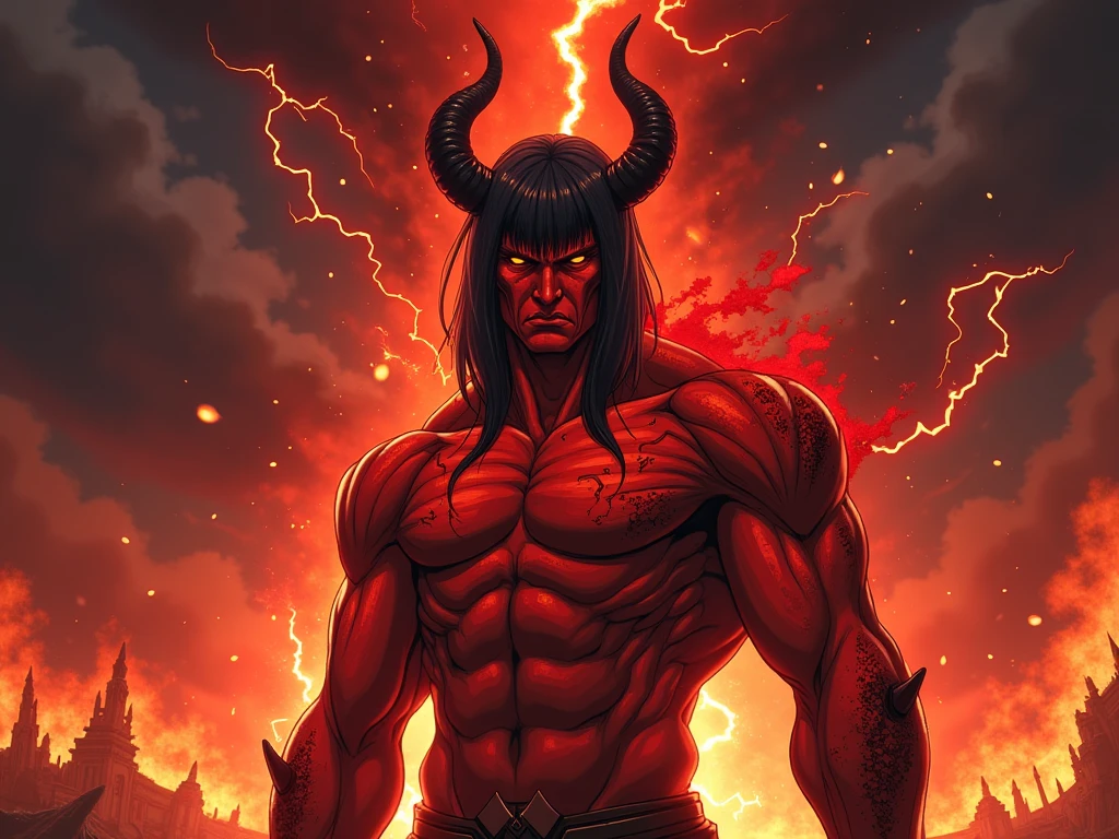 "Imagine a powerful male demon inspired by Final Fantasy's Ifrit. He has a muscular and imposing figure, with dark, fiery red skin. Sharp, menacing horns emerge from his head, and his eyes glow an intense yellow color. Its mouth is full of sharp, jagged teeth. Its body is adorned with tribal markings and scars, adding to its intimidating presence. Its hair is long and wild, resembling flames that cascade down its back. is enveloped in an aura of fire and heat. In the background, a dark volcanic scene with flowing lava and burning embers in the air."