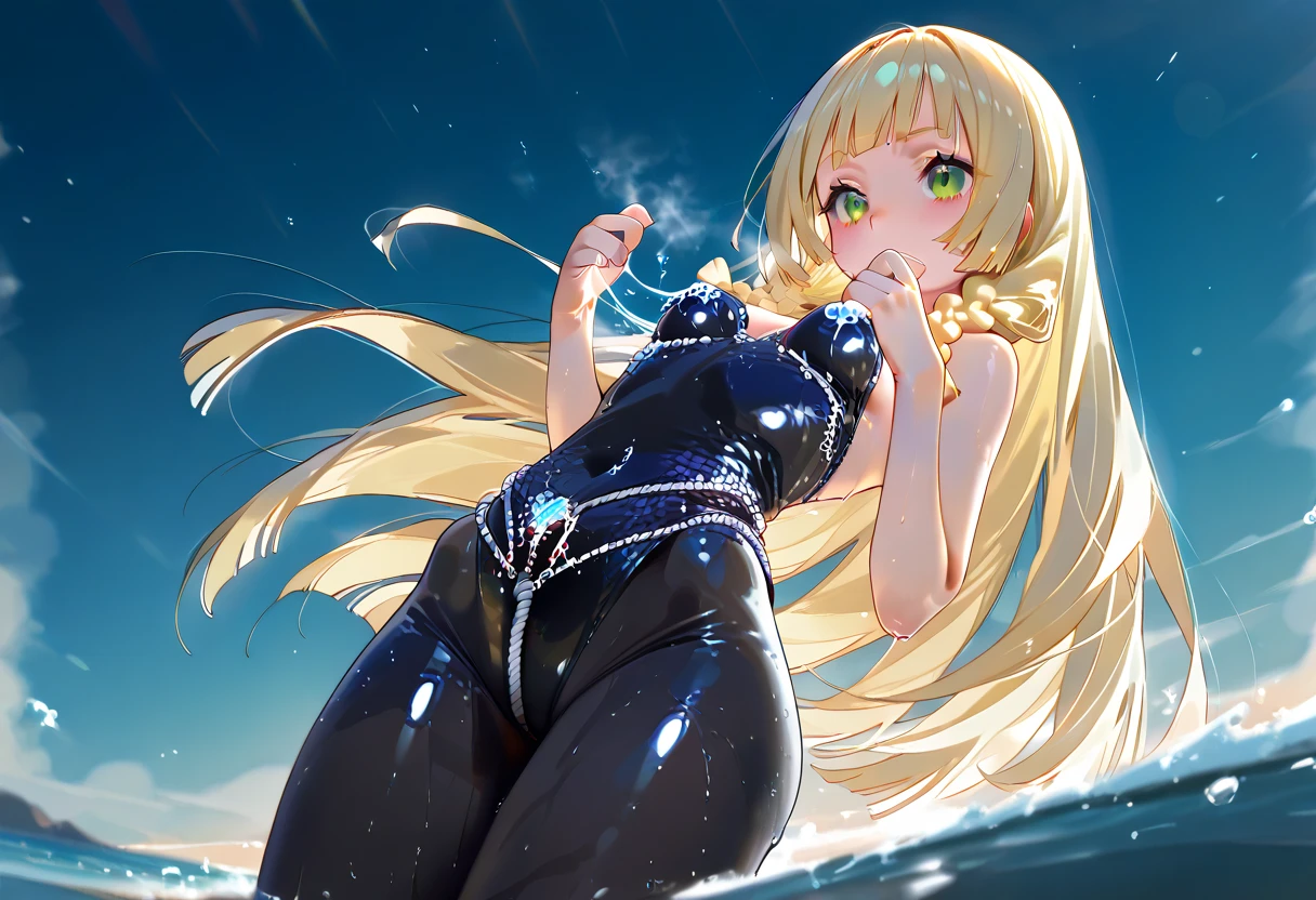 Blonde hair and blue eyes Long Hair Elf Big Breasts naked Wet Black leotard Embarrassing black tights Erotic blush Super huge breasts Beauty cute Highest quality Ocean octopus Caught by tentacles
