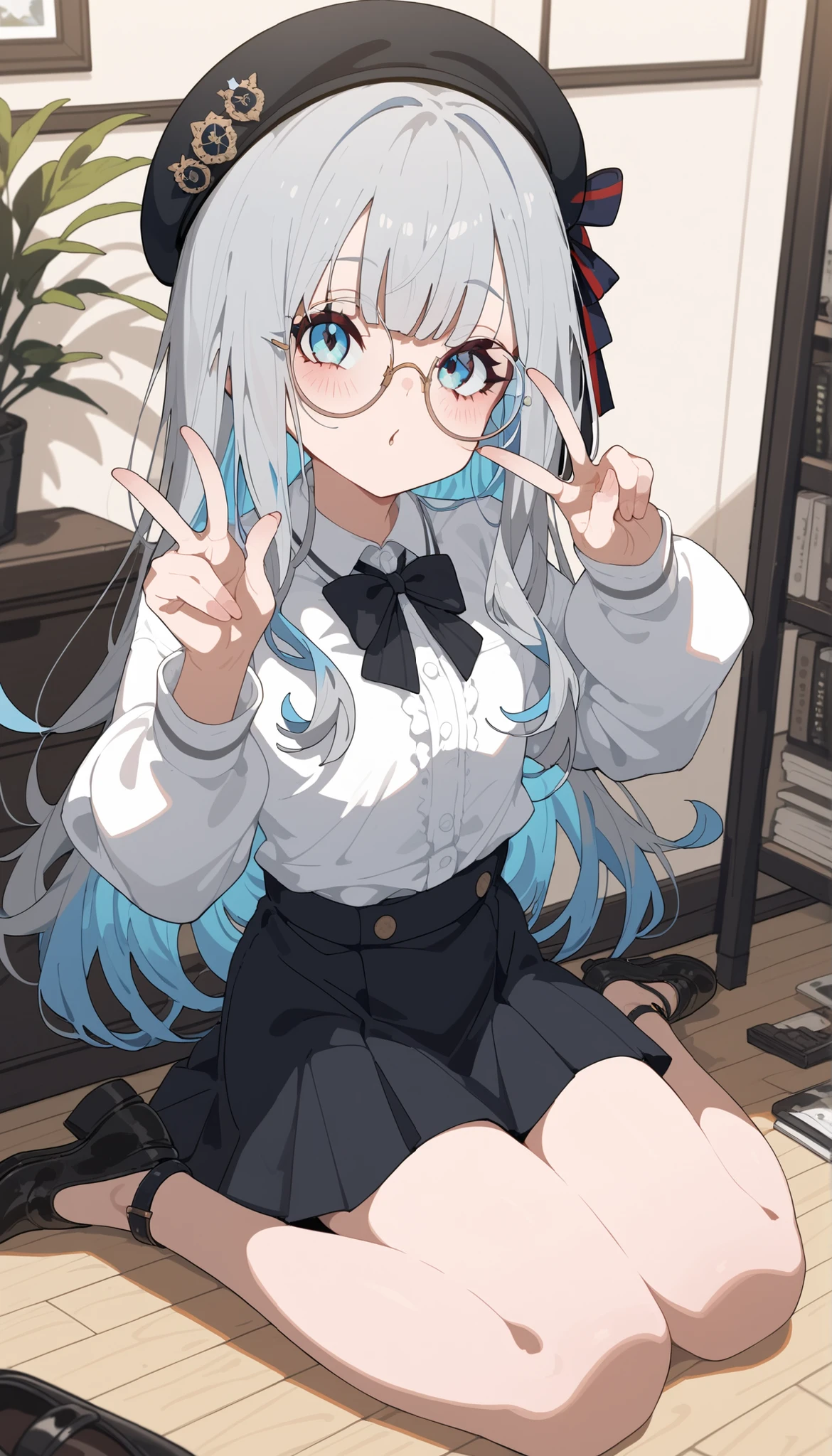Alone ,,Wear glasses, wear,round glasses,Gray hair,Light Blue Hair, Two tone hair,long hair,cute,Long Sleeve Shirt,small breasted shirt,, wear a black beret, Long Black Skirt ,Black Shoes,artist,V sign ,sitting on the floor,In the art room,,