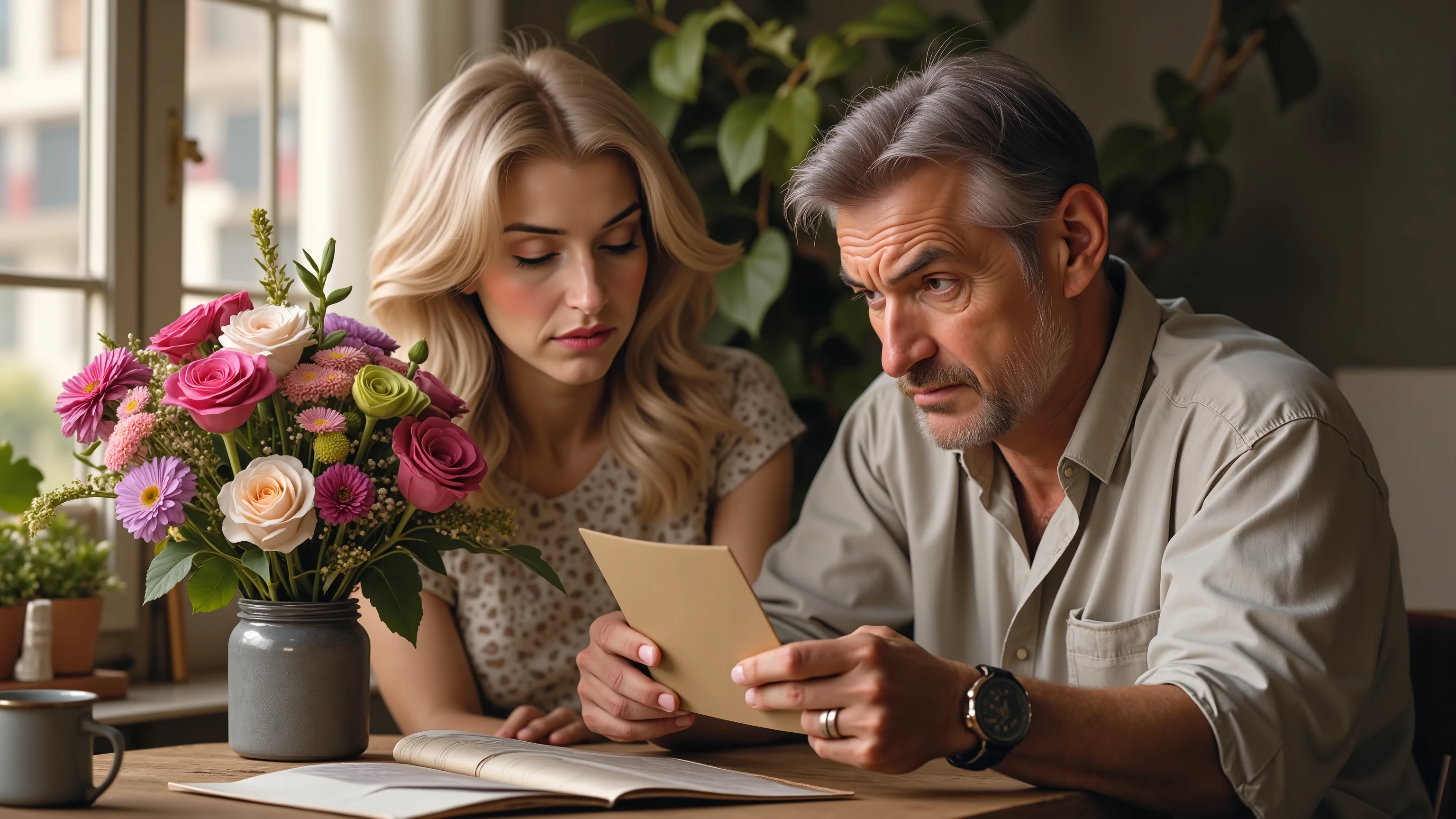 a 45 year old man and a 45 year old woman are sitting next to each other. the man holds a bouquet of flowers in one hand and an envelope in the other hand. he looks at the envelope with incomprehension. the woman looks at the man's reaction. Camera 4k. the man is wearing a shirt. the woman is wearing a dress, she has long straight blonde hair, the man has dark short hair. Fill this image with misunderstanding
