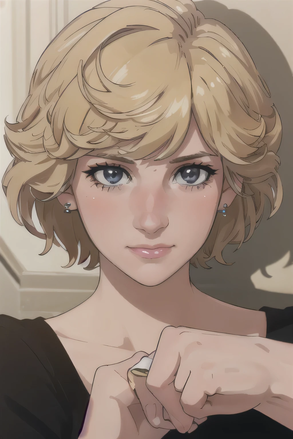 (masterpiece:1.3), (8K, Realistic, RAW Photos, Highest quality: 1.4), (One Girl), Beautiful Face, (Realistic Face), Beautiful Hairstyles, Realistic eyes, Beautiful details, (Realistic Skin), Beautiful Skin, Absurd, charm, Ultra-high resolution, Ultra-realistic, Very detailed, Golden Ratio, (Best Shadow), Cinematic, (Complex:1.4), High Contrast, Side lighting, ((Accurate hands and fingers)), Caucasian female, ((Princess Diana)), ((Black shirt)), (Blonde Hair, short hair:1.3), NSFW (大きな胸), くびれたウエスト, 大きな尻, ((closed mouth)), (hate), フラッシング, (汗), ((ソファに座っている))