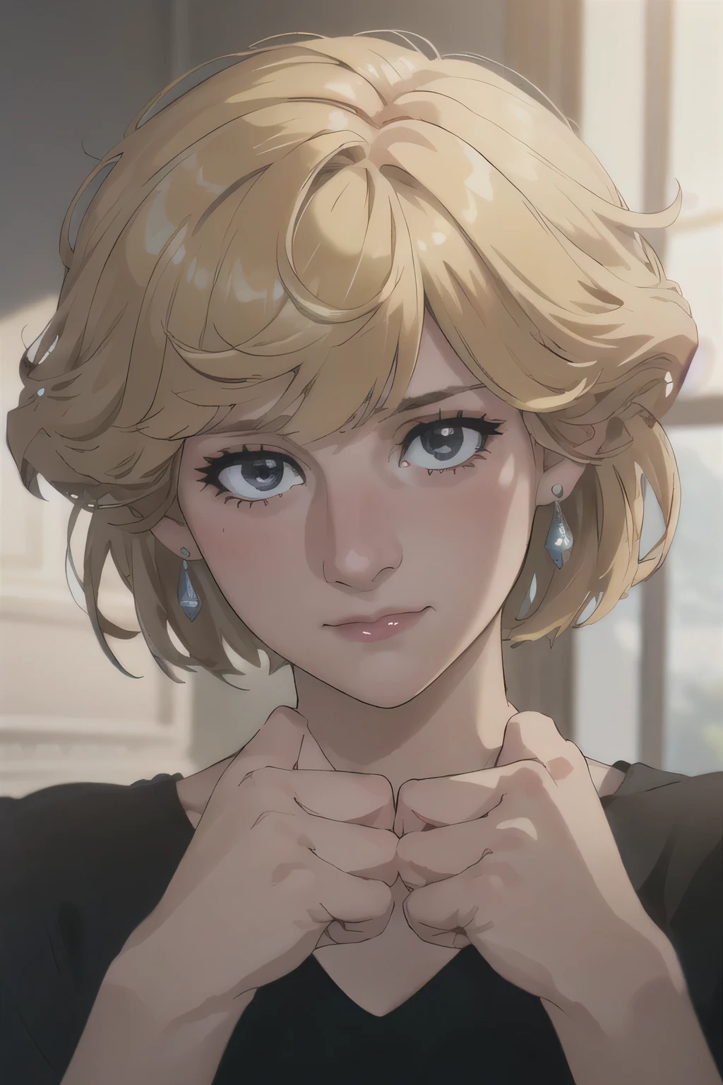 (masterpiece:1.3), (8K, Realistic, RAW Photos, Highest quality: 1.4), (One Girl), Beautiful Face, (Realistic Face), Beautiful Hairstyles, Realistic eyes, Beautiful details, (Realistic Skin), Beautiful Skin, Absurd, charm, Ultra-high resolution, Ultra-realistic, Very detailed, Golden Ratio, (Best Shadow), Cinematic, (Complex:1.4), High Contrast, Side lighting, ((Accurate hands and fingers)), Caucasian female, ((Princess Diana)), ((Black shirt)), (Blonde Hair, short hair:1.3), NSFW (大きな胸), くびれたウエスト, 大きな尻, ((closed mouth)), (hate), フラッシング, (汗), ((ソファに座っている))
