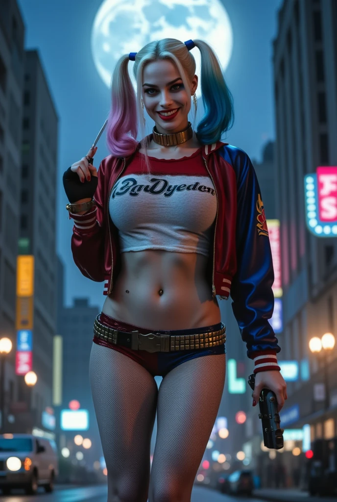 Harley Quinn\, (Margot Robbie\), Portrait of Margot Robbie with Harley Quinn clown makeup, wearing a closed black and red clown suit, harley quinn style, Her face is illuminated by neon lights, She looks like Harley Quinn, ((beautiful face, detailed face, clean face, perfect smile, perfect features, seductress, tempting, smug face, light smile)), ((perfect teeth, detailed teeth)), ((detailed iris, deep eyes, radiant eyes, beautiful and clear eyes, detailed eyes:1.2)), ((sexy figure, perfect figure, vibrant, perfect anatomy, perfect proportions)), ((muscular sexy:1.2)), ((shiny skin, clean skin, skin clarity)), (((perfect ears))), violet color, He is standing, Model photography style. Ray tracing, Super realistic photographic cinematic image 8K ULTRA HD HDR, magical photography, super detailed, (ultra detailed), (top quality, best quality, super high quality image, masterpiece), standard lens, dramatic lighting, 8k, UHD, intricate detail, (gradients), comprehensive cinematic, colorful, visual key, highly detailed, extreme detailed, hyper-realistic, (very detailed background, detailed landscape), delicate details, raw image, dslr,harleyquinn
