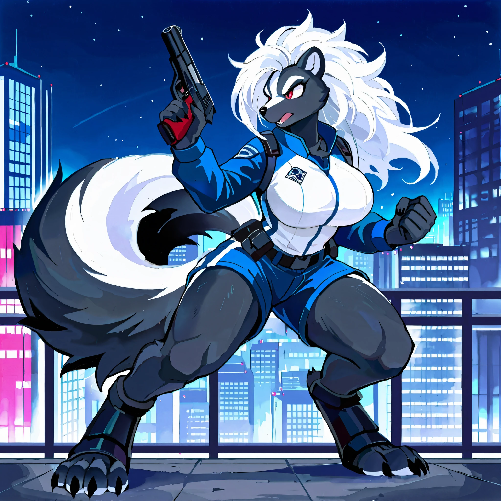 masterpiece, best quality, anime style, anime shading, full body picture, buxom body type, centered, three-quarters view, by plive, 1girl, anthro, furry female, large skunk female, long white hair, red eyes, (pointed ears), (tall with large breasts), black fur, skunk tail, black claws, black nose, digitigrade legs, digitigrade paws, (gunfight), (city at night), wearing a blue specialist uniform, toeless combat boots, blue combat shorts