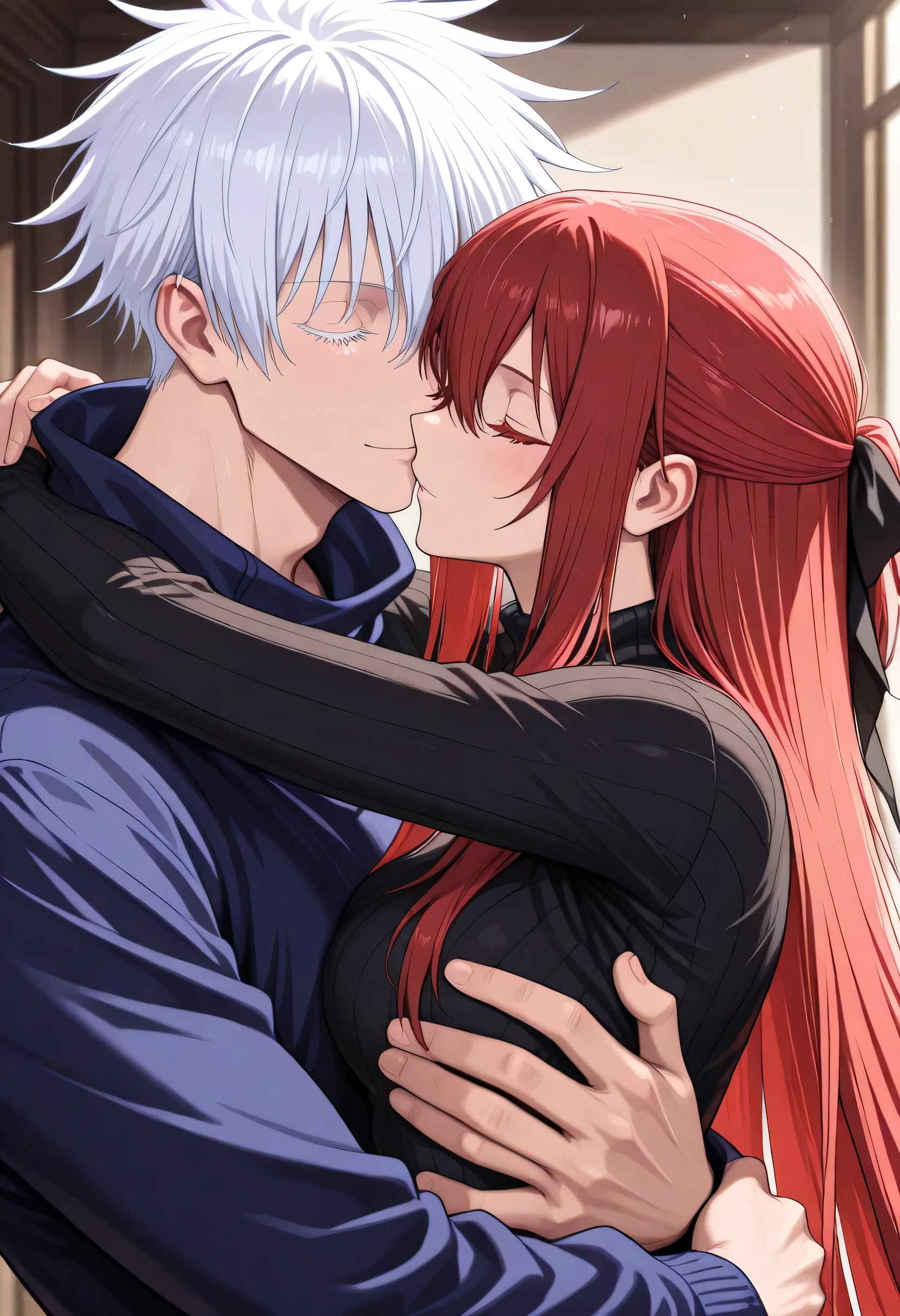 (8k, best quality, masterpiece:1.2), (sharp focus:1.0) , duo focus, couple, hetero, very cute couple, romantic, height differnce, size differenz, dynamic pose, embrace, deep embrace, cuddling, portrait BREAK 1 girl , golden eyes , very long hair , long sidelocks, red hair , petite , very cute , beautiful ,Straight hair, cool, handsome, hair between eyes, medium breasts ,half updo, sweater BREAK 1man, gojou satoru /(jujustu kaisen/), closed eyes, white hair, short hair, detailed eyelashes, colored eyelashes, sexy man, trained body, muscular, handsome, cool, mature man, sweater
