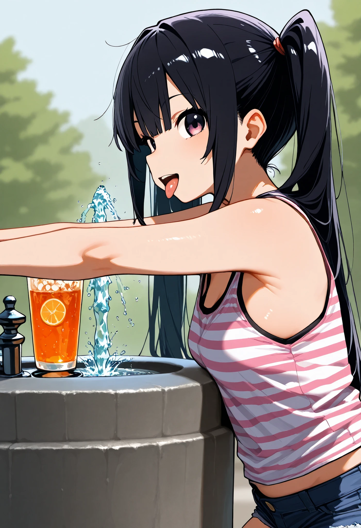 d_Giroo ,1 girl,change,tank top,hotpants,twin tails,black_hair,flin_chest,pink_ striped _太ももまin丈の靴下, drink _FOUNTAIN,adjusted_hair,from_side,Profile,A quick glance_in_viewer,tongue_outside,leaning on_go ahead