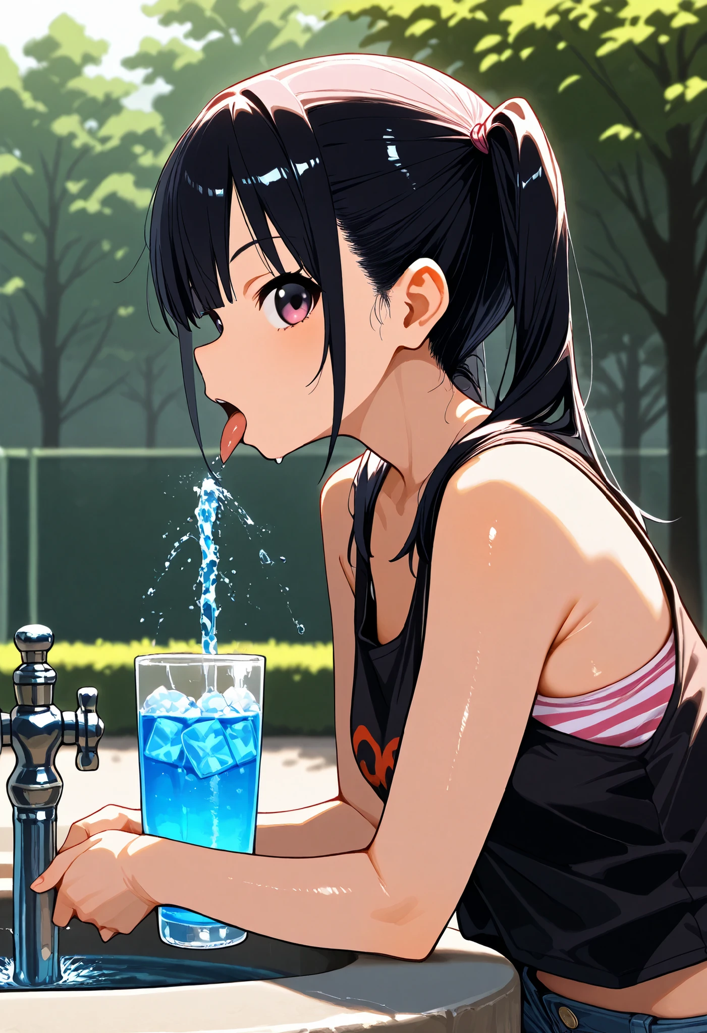 d_Giroo ,1 girl,change,tank top,hotpants,twin tails,black_hair,flin_chest,pink_ striped _太ももまin丈の靴下, drink _FOUNTAIN,adjusted_hair,from_side,Profile,A quick glance_in_viewer,tongue_outside,leaning on_go ahead