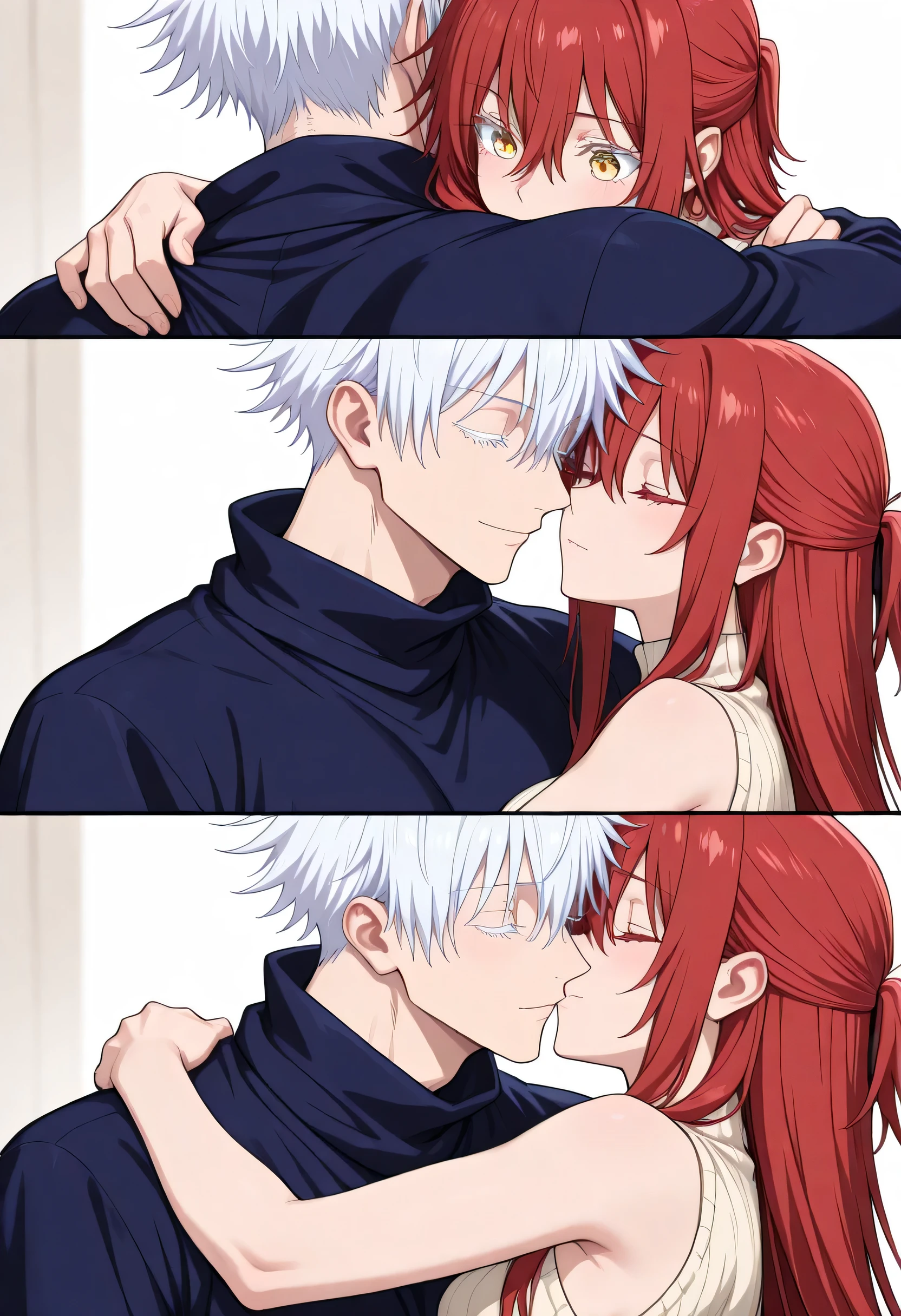 (8k, best quality, masterpiece:1.2), (sharp focus:1.0) , duo focus, couple, hetero, very cute couple, romantic, height differnce, size differenz, dynamic pose, embrace, deep embrace, cuddling, portrait BREAK 1 girl , golden eyes , very long hair , long sidelocks, red hair , petite , very cute , beautiful ,Straight hair, cool, handsome, hair between eyes, medium breasts ,half updo, sweater BREAK 1man, gojou satoru /(jujustu kaisen/), closed eyes, white hair, short hair, detailed eyelashes, colored eyelashes, sexy man, trained body, muscular, handsome, cool, mature man, sweater