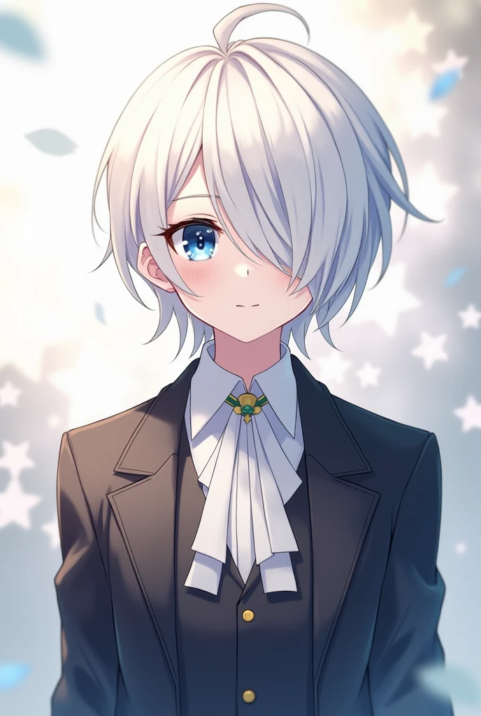 Androgynous anime-style android boy, age 16, with white hair and blue eyes, wearing elegant butler outfit. Hairstyle: asymmetrical with long side fringe covering one eye, short back. Soft fantasy background, Asian facial features.