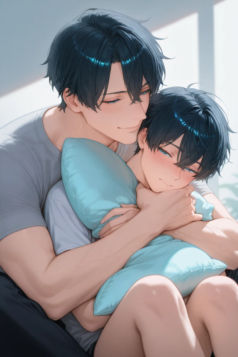 Boy,cute boy,Big belly,blue hair,yellow eyes,sleep, sleeping in bed, night, baby, hug,hugging a baby