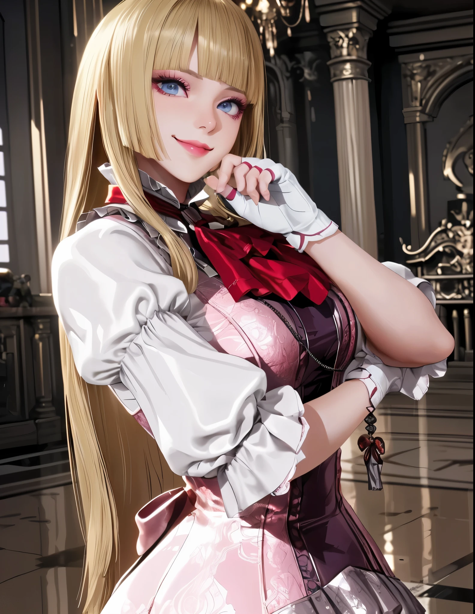 perfect eyes:1.2, detailed eyes:1.4, smile, tekken 8_lily, long hair, hime cut, blonde hair, blunt bangs, blue eyes, makeup, eyeshadow, lips, sleeves past elbows, white shirt, red neckerchief, pink dress, high-low skirt, necklace, white gloves, fingerless gloves, pink thighhighs, mansion, indoors, smile, looking at viewer, standing, hand on own elbow, touching chin, homare artstyle, 1girl, solo, (masterpiece:1.6, best quality), 8k, insane details, intricate details, hyperdetailed, hyper quality, high detail, ultra detailed, professional, HDR, ray tracing reflection, cinematic lighting,