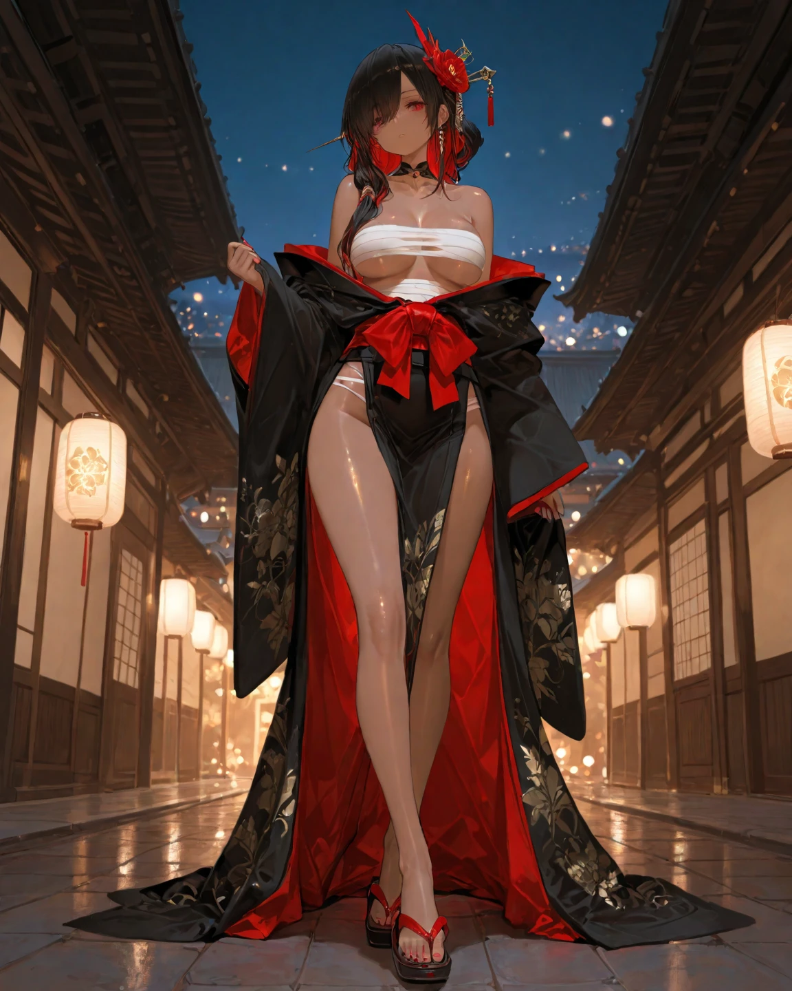 masterpiece,1girl,solo,black hair,underboob, hat, light_smile, ofuda, china dress, crossed arms, full body, outdoors, hanging lantern, night, higashi setsuna,