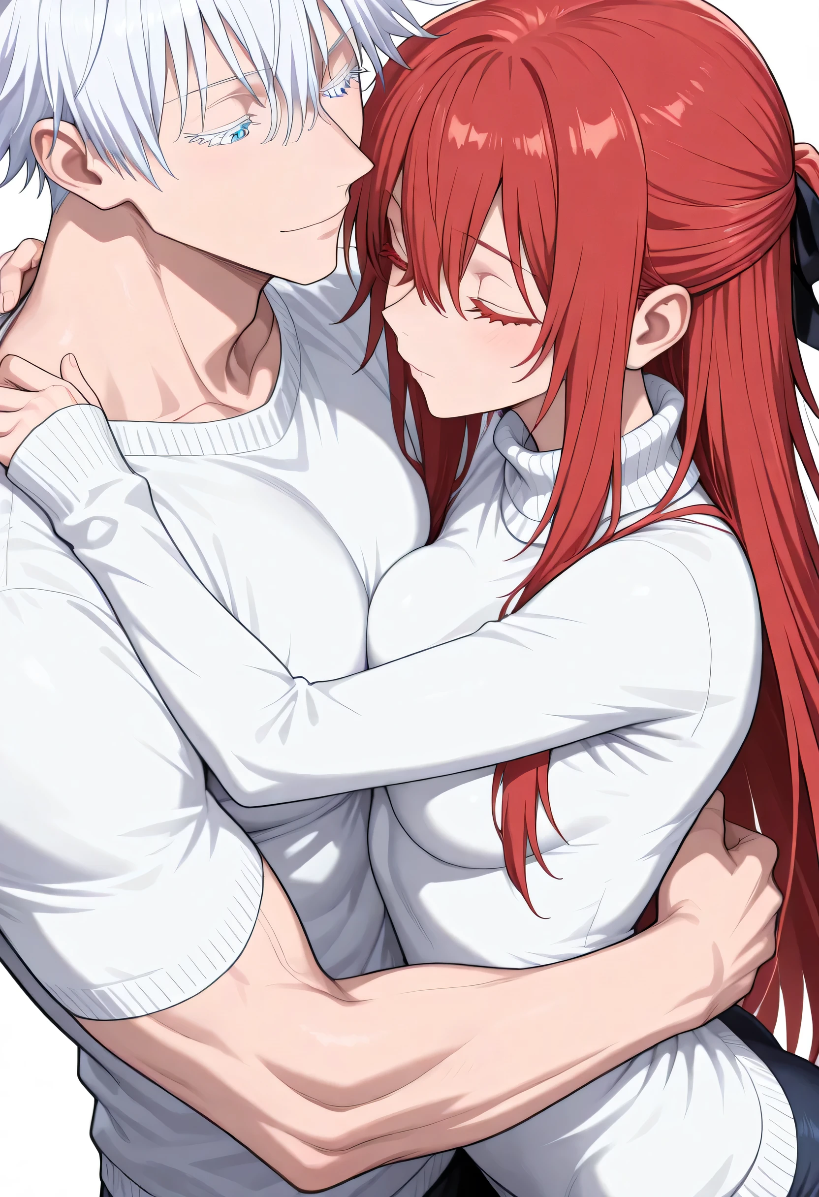 (8k, best quality, masterpiece:1.2), (sharp focus:1.0) , duo focus, couple, hetero, very cute couple, romantic, height differnce, size differenz, dynamic pose, embrace, deep embrace, cuddling, portrait BREAK 1 girl , golden eyes , very long hair , long sidelocks, red hair , petite , very cute , beautiful ,Straight hair, cool, handsome, hair between eyes, medium breasts ,half updo, curvy but petite, closed eyes, sweater BREAK 1man, gojou satoru /(jujustu kaisen/), closed eyes, blue eyes, white hair, short hair, detailed eyelashes, colored eyelashes, sexy man, trained body, muscular, handsome, cool, mature man, sweater