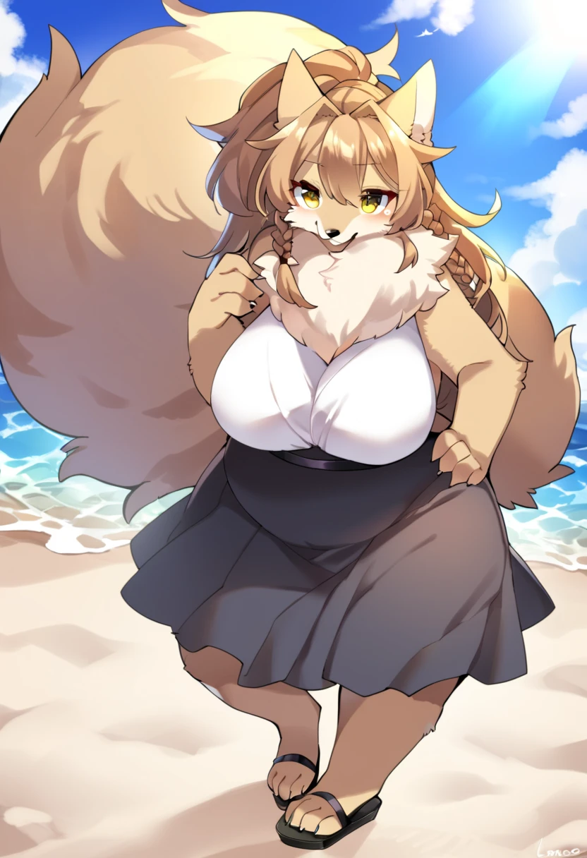 masterpiece, best quality, high quality, beautiful anime character, solo, anime girl with blonde hair, messy hair, long hair, green eyes, fox ears, big breasts, mature female, tall female, big girl, thick, (naughty face, light smile, loving eyes), outdoors, (white bikini, side-tie bikini bottom), huge fox tail, thick, beach background, standing, pubic hair under bikini, very hairy pubic hair, messy pubic hair, see-through, full body, wet,