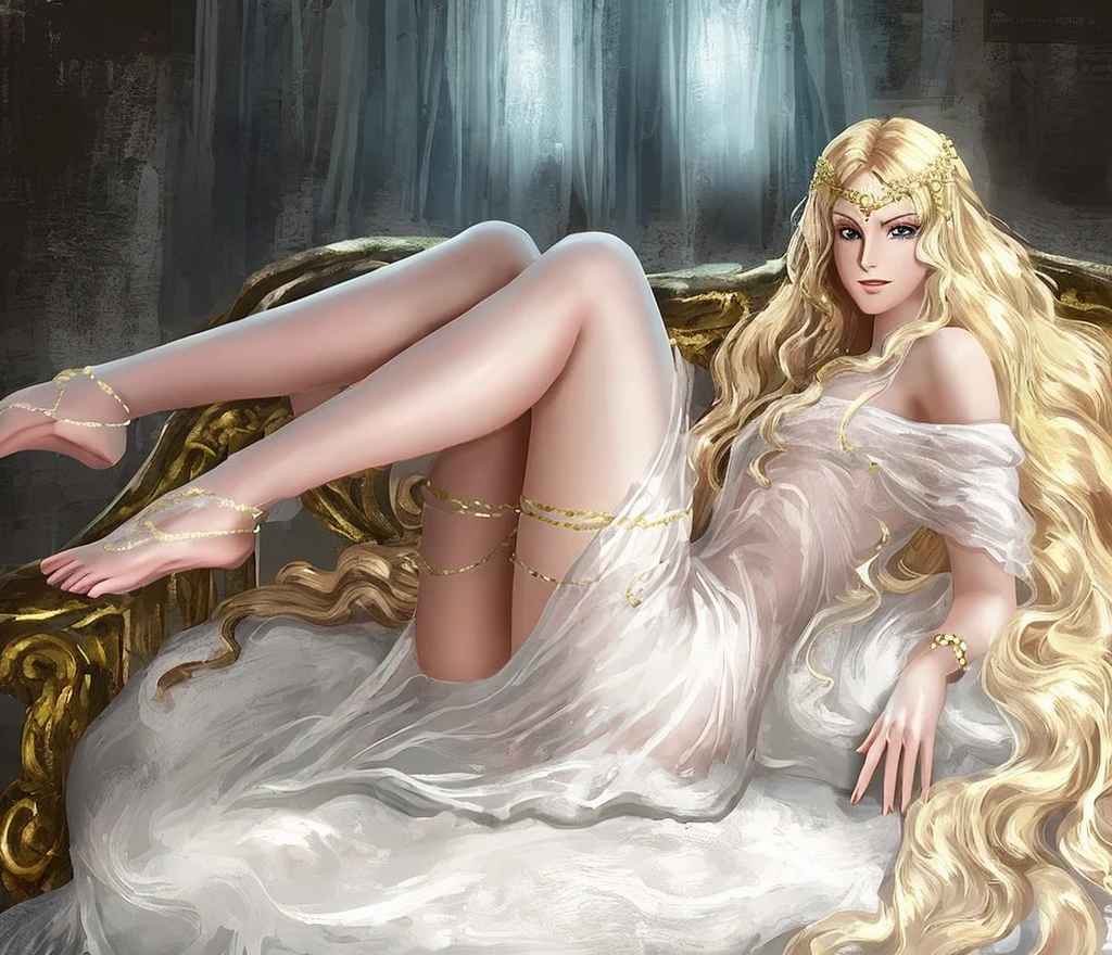 ((best quality)) ((artwork)) Appearance Details Species: Age: 20 Woman Hair: Platinum blonde, quite long and abundant Eyes: Blue Body: 5'5", light skin, lean and curvy Face: Young, beautiful, delicate features and full lips Features: Light pink lipstick Clothing: Simple white, sleeveless robe Pose: Sitting on a sofa with an elegant pose. Landscape: nordic palace.