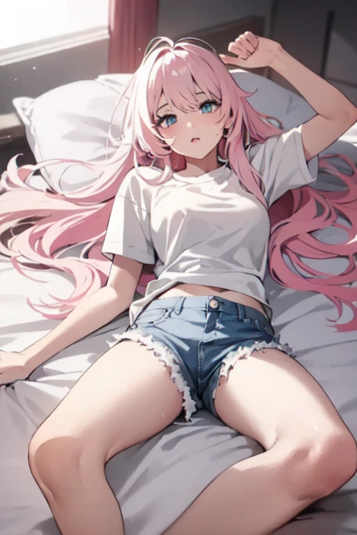 anime girl, bubblegum pink hair, blush, light purple eyes, oversized printed t-shirt, panties, short, large boobs, large rear, large thighs, fit body, innocent appearance, bedroom setting, laying down on bed, innocent and pure, innocent looking, innocent, soft and warm lighting, emotional face, sad