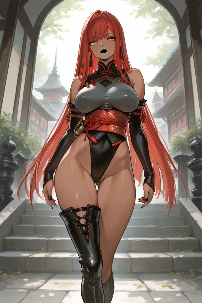 uma mulher samurai de tanga, golpeando um gande dragao vermelho