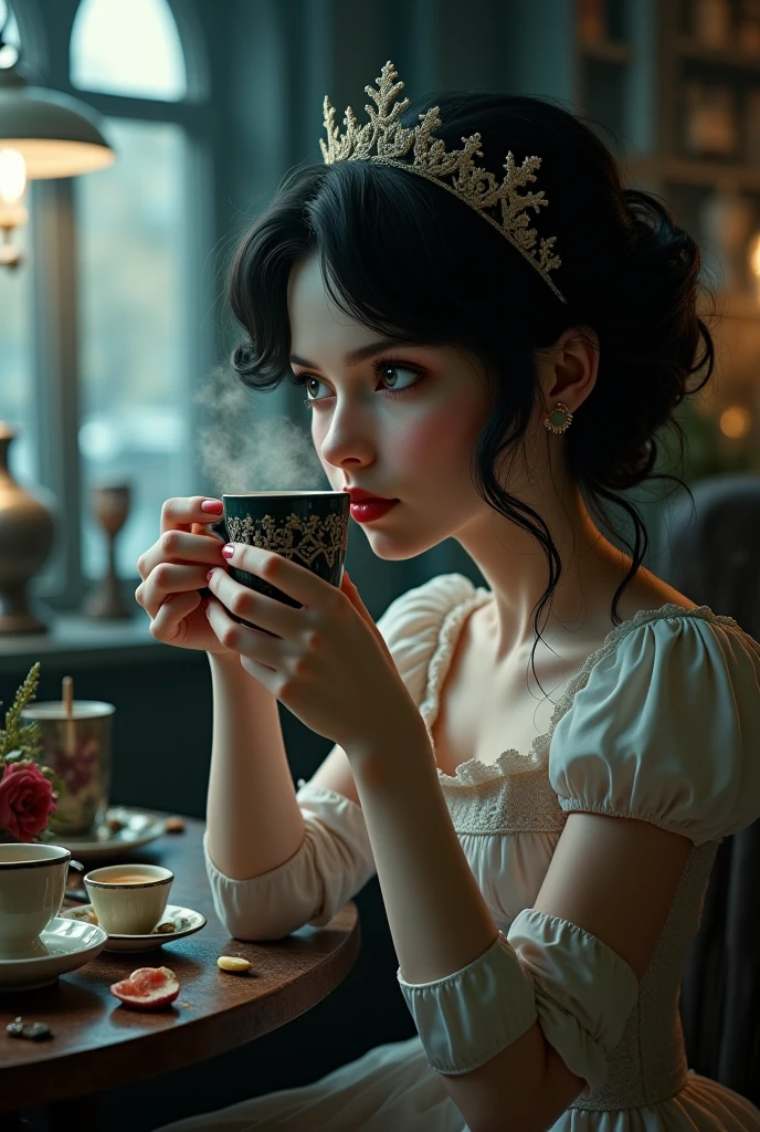 Queen Victoria drinking a hot tea, beautiful English teapot and cups, Buckingham Palace as background. Highly detailed.