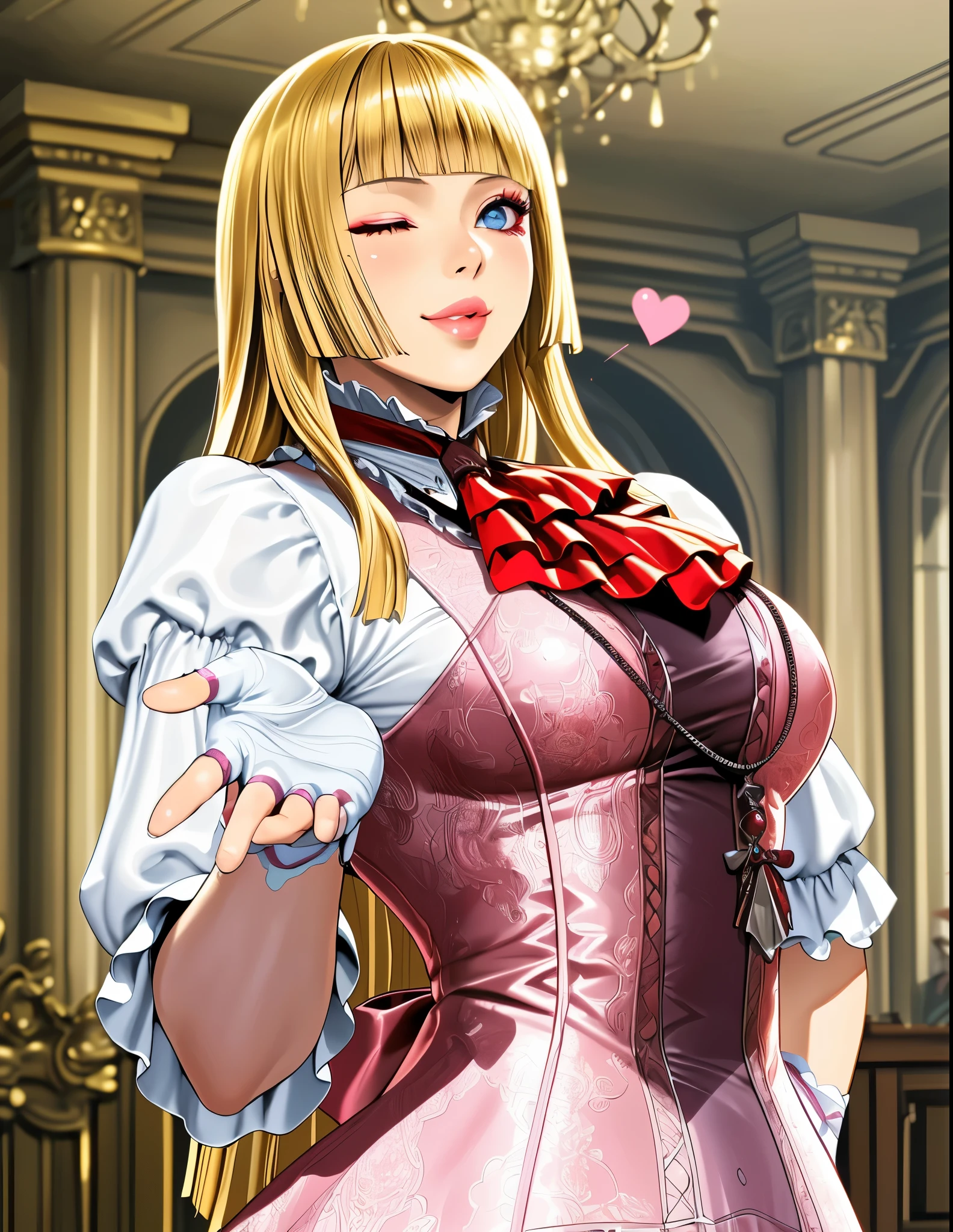 perfect eyes:1.2, detailed eyes:1.4, smile, tekken 8_lily, long hair, one eye closed, hime cut, blonde hair, blunt bangs, blue eyes, makeup, eyeshadow, lips, sleeves past elbows, white shirt, red neckerchief, pink dress, high-low skirt, necklace, white gloves, fingerless gloves, pink thighhighs, mansion, indoors, upper body, wink, heart, blowing kiss, puckered lips, 1girl, solo, (masterpiece:1.6, best quality), 8k, insane details, intricate details, hyperdetailed, hyper quality, high detail, ultra detailed, professional, HDR, ray tracing reflection, cinematic lighting,