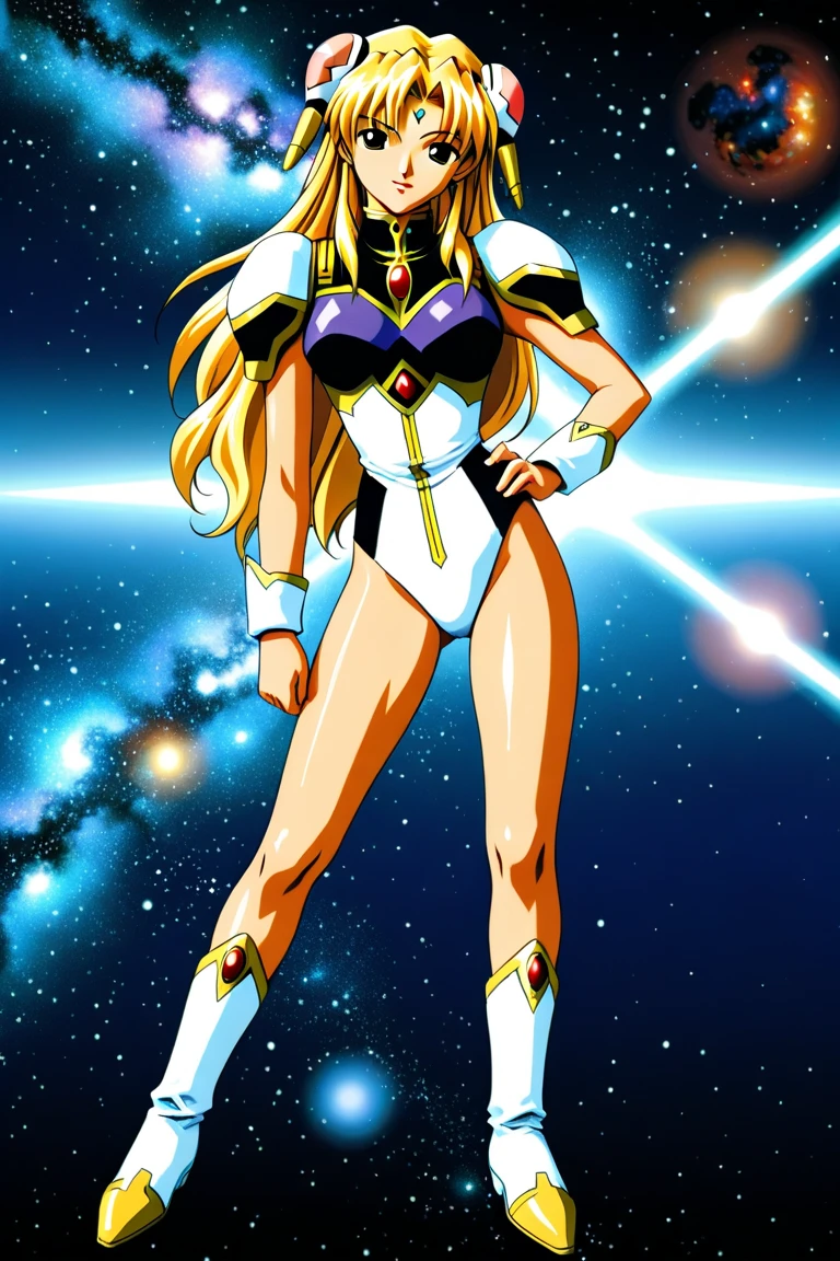 masterpiece, best quality, upper body, 1girl, superhero, leotard, bare legs, boots, matching boots, medium breasts, light particles, aura, blue aura, stand, standing, highleg, space backdrop, hand on hip, blonde hair, long hair