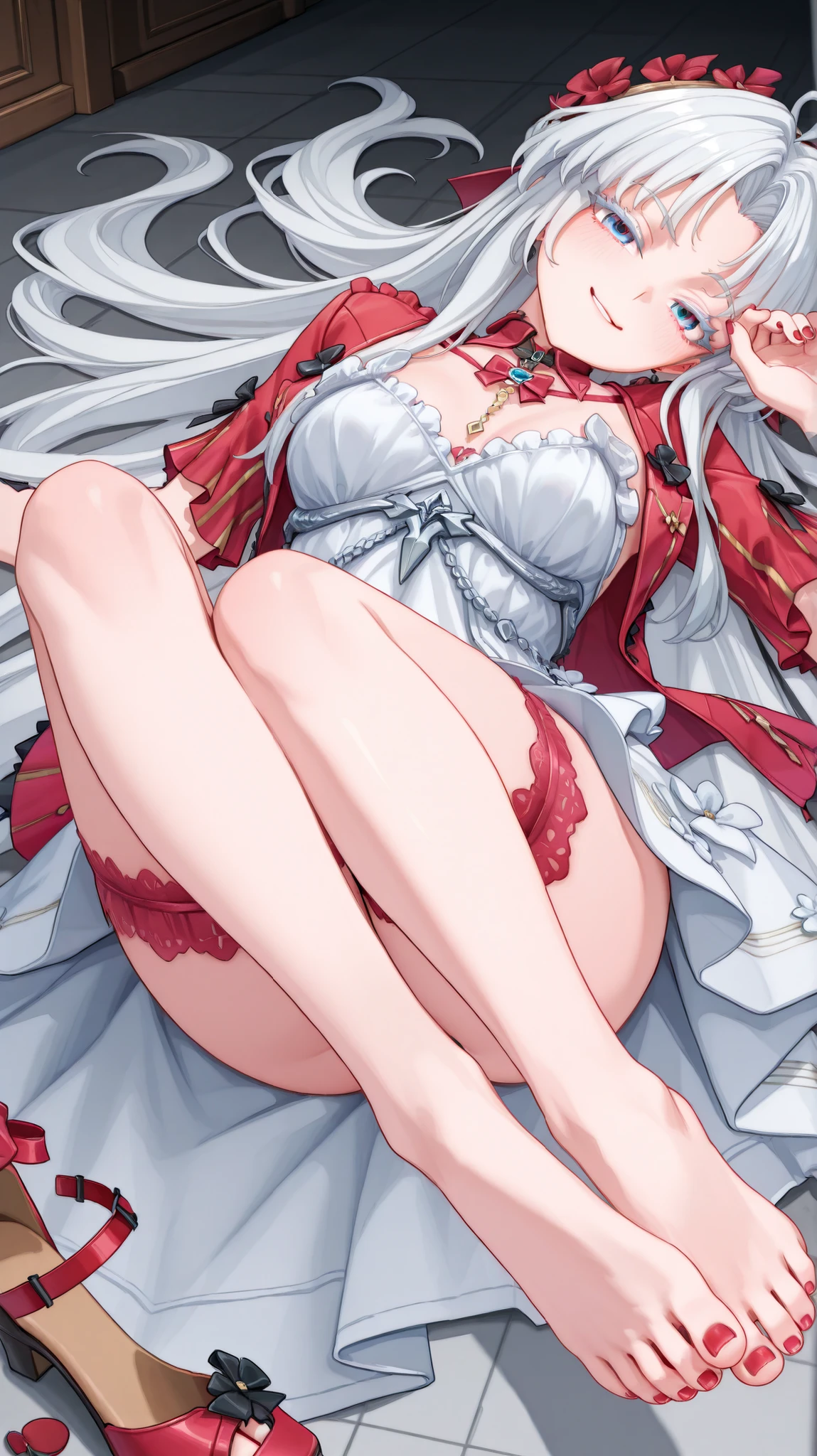 Seductive thighs, stockings, White silk, Lori, Red eyes, White hair, Flip skirt, See-Through Lingerie, Ultra-low viewing angle at close range,pornography