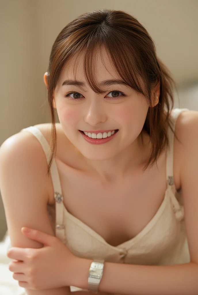 (Highest quality, DSLR shot, 8k, top quality, high resolution, highest quality, highest resolution, very beautiful woman, perfect anatomy), light brown eyes, very light brown eyes, small diamond-shaped earrings, looking directly at the camera, beautiful brown hair, ((baby face, loose and cute medium ponytail)), very short and beautiful bangs on brown hair, E-cup bust, showing beautiful décolletage, very beautiful 20-year-old, lip gloss, smiling very happily, very cute smile, upper teeth, beautiful teeth, (random hospital room (background only)), slightly larger eyes, small face, tall supermodel, beautifully shaped model, random cute gravure poses, dynamic angle, eye focus, head tilt, very detailed and realistic, very beautiful 20-year-old, ((medium shot)), sharp jawline, ((nurse cosplay)), deep waistline, sexy legs, side view, smiling very happily, laughing, summer afternoon