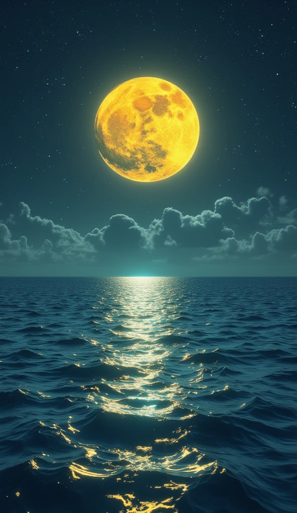 A bright growing yellow moon over the serene blue sea at night.
