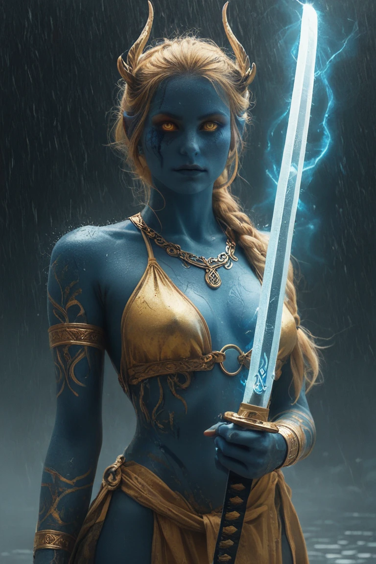 nsfw, fantasy art, dnd art, RPG art, drkfntasy wide shot, (masterpiece: 1.4) portrait, intense details, highly detailed, photorealistic, best quality, highres, glowing particle portrait a nude vedalken female (fantasy art, Masterpiece, best quality: 1.3) (blue skin, white nipples, white pubic hair: 1.5), intense details facial details, exquisite beauty, (fantasy art, Masterpiece, best quality)cleric, (blue colored skin: 1.5) blue skinned female, (white hair: 1.3), long hair, intense green eye, fantasy art, Masterpiece, best quality) armed a glowing yellow magic symbolled mace, nude (white nipples, white pubic hair: 1.3) naked, breasts exposed, wet, (standing at the base of a beautiful waterfall :1.3), wearing glowing holy symbol GLOWING EARRINGS, exposed vagina, reflection light, high details, best quality, 16k, [ultra detailed], masterpiece, best quality, (extremely detailed), close up, ultra wide shot, photorealistic, RAW, fantasy art, dnd art, fantasy art, realistic art,