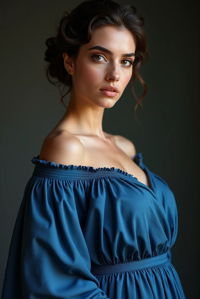 woman in a blue dress, solo photoshoot, traditional wear, mid shot portrait, stylish pose, detailed face, lips, eyes and body
