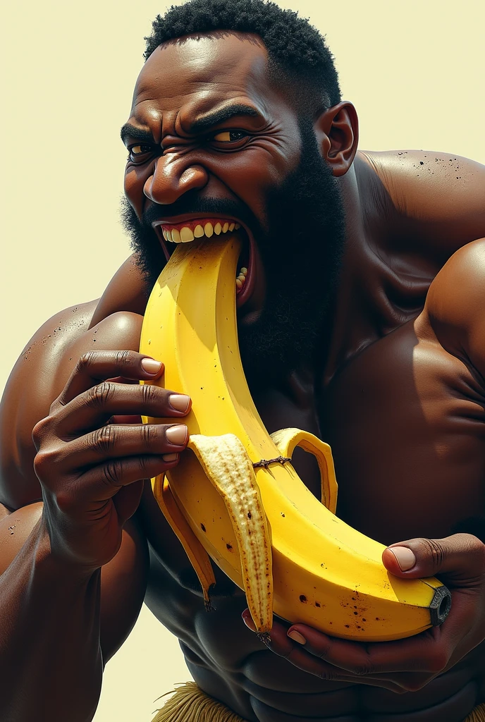 A man, body builder, angry ,eating banana, 