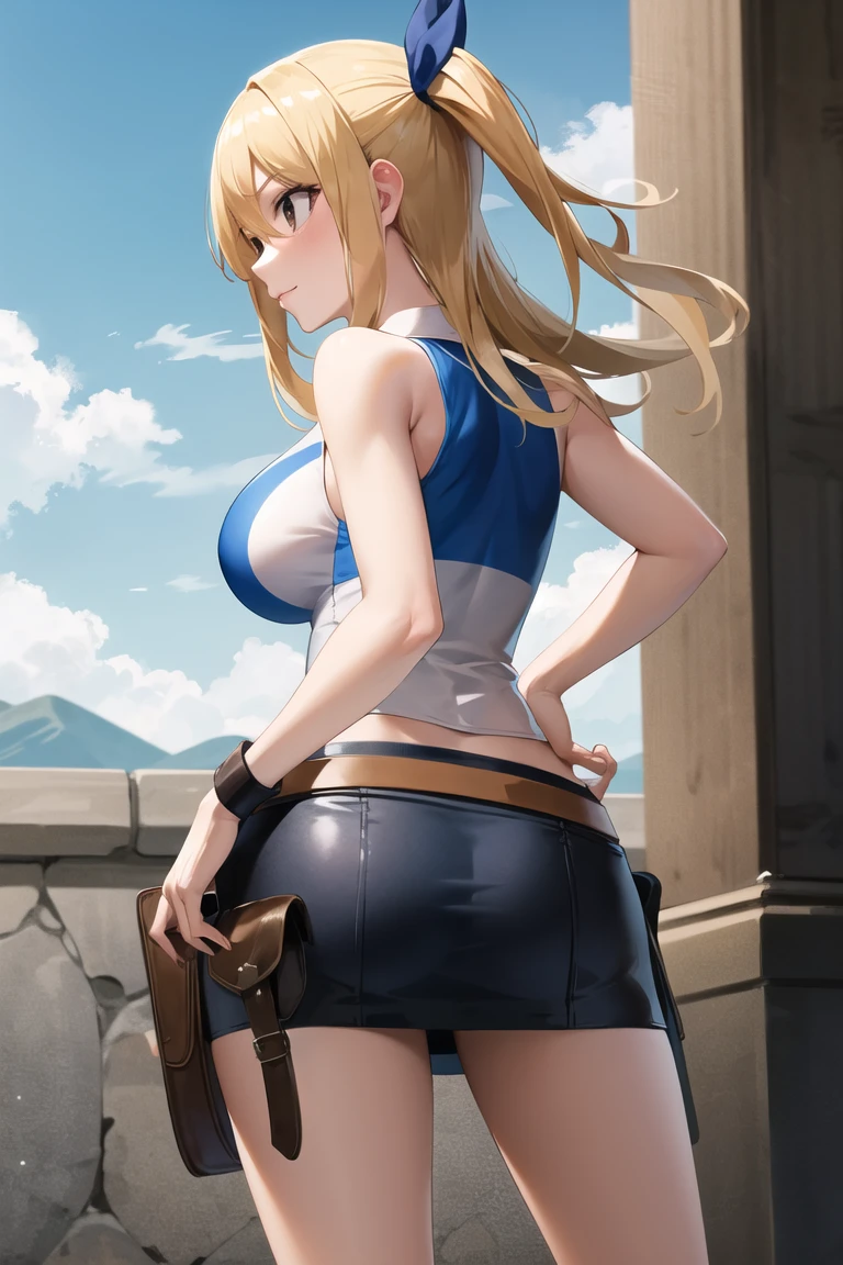 Winry Rockbell Full metal alchemist , 19 years old, large breasts, triple D cup breasts, sexy, horny, round buttocks, bubbly buttocks, fit and strong, slender body, plump lips, welding equipment, tools, workshop, big wrench in left hand, wearing solid dark green bandanna , robot parts