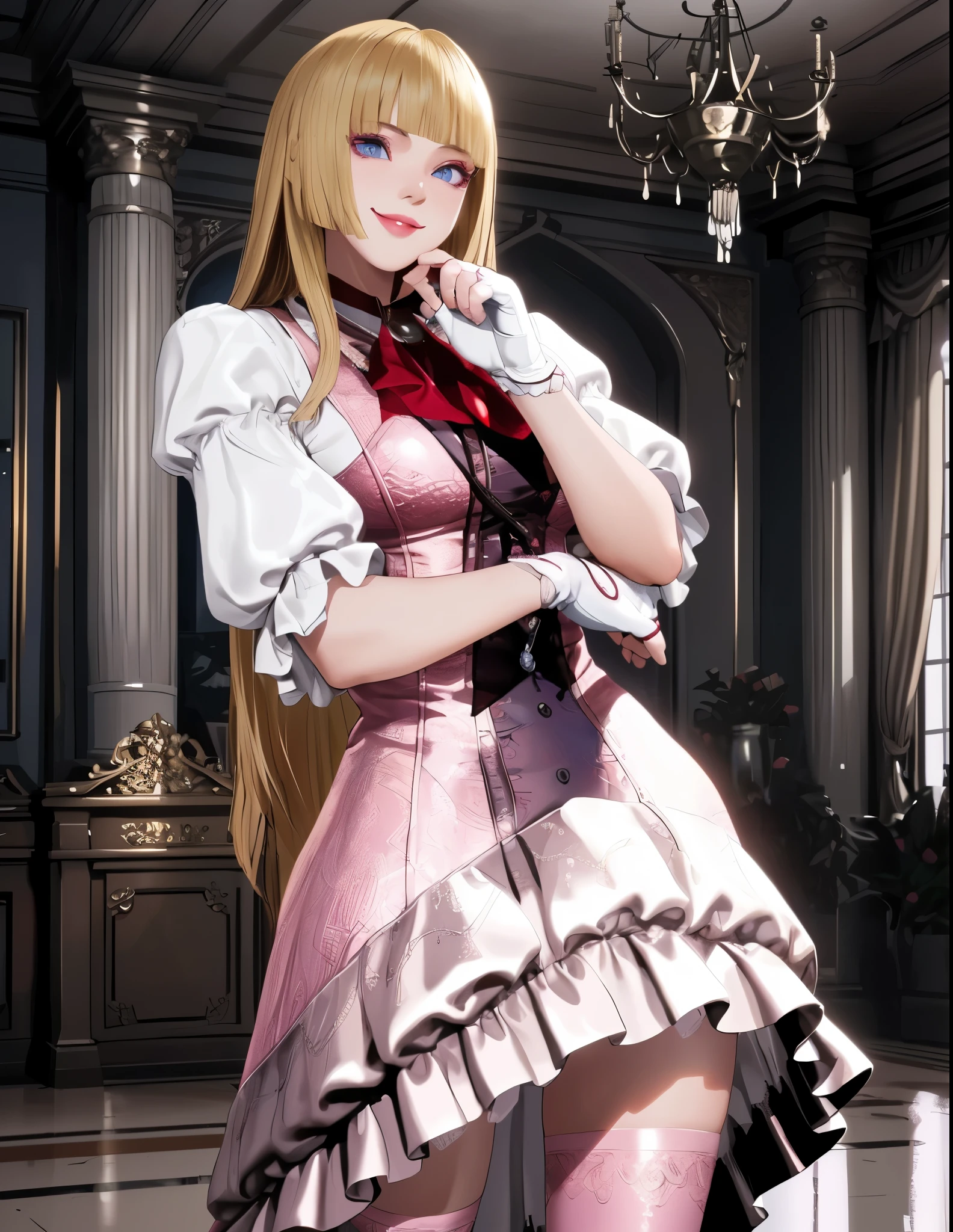 perfect eyes:1.2, detailed eyes:1.4, smile, tekken 8_lily, long hair, hime cut, blonde hair, blunt bangs, blue eyes, makeup, eyeshadow, lips, sleeves past elbows, white shirt, red neckerchief, pink dress, high-low skirt, necklace, white gloves, fingerless gloves, pink thighhighs, mansion, indoors, smile, looking at viewer, standing, hand on own elbow, touching chin, homare artstyle, 1girl, solo, (masterpiece:1.6, best quality), 8k, insane details, intricate details, hyperdetailed, hyper quality, high detail, ultra detailed, professional, HDR, ray tracing reflection, cinematic lighting,