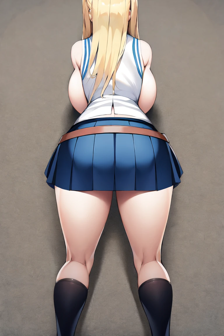 1 Female,High definition,high resolution,Ultra-realistic,8K, ta1, blonde hair, long hair, yellow eyes,white jacket, sleeveless,fingerless gloves, large breasts ,European,sexy,Upper body close-up,Photographed from the front,Dynamic Angles,blush, medium tits,large tits , smile, facial, sweat, multicolored hair ,(from behind),(huge ass),(white lace panties),(show panties)