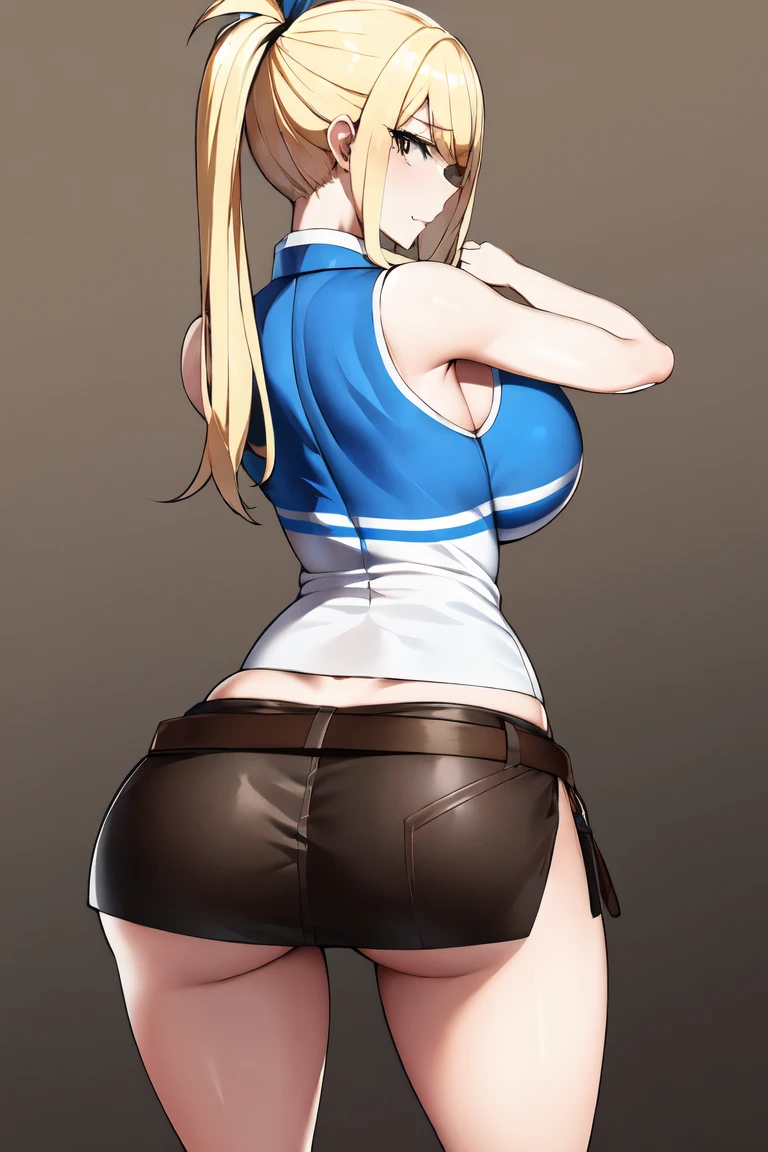 1 Female,High definition,high resolution,Ultra-realistic,8K, ta1, blonde hair, long hair, yellow eyes,white jacket, sleeveless,fingerless gloves, large breasts ,European,sexy,Upper body close-up,Photographed from the front,Dynamic Angles,blush, medium tits,large tits , smile, facial, sweat, multicolored hair ,(from behind),(huge ass),(white lace panties),(show panties)