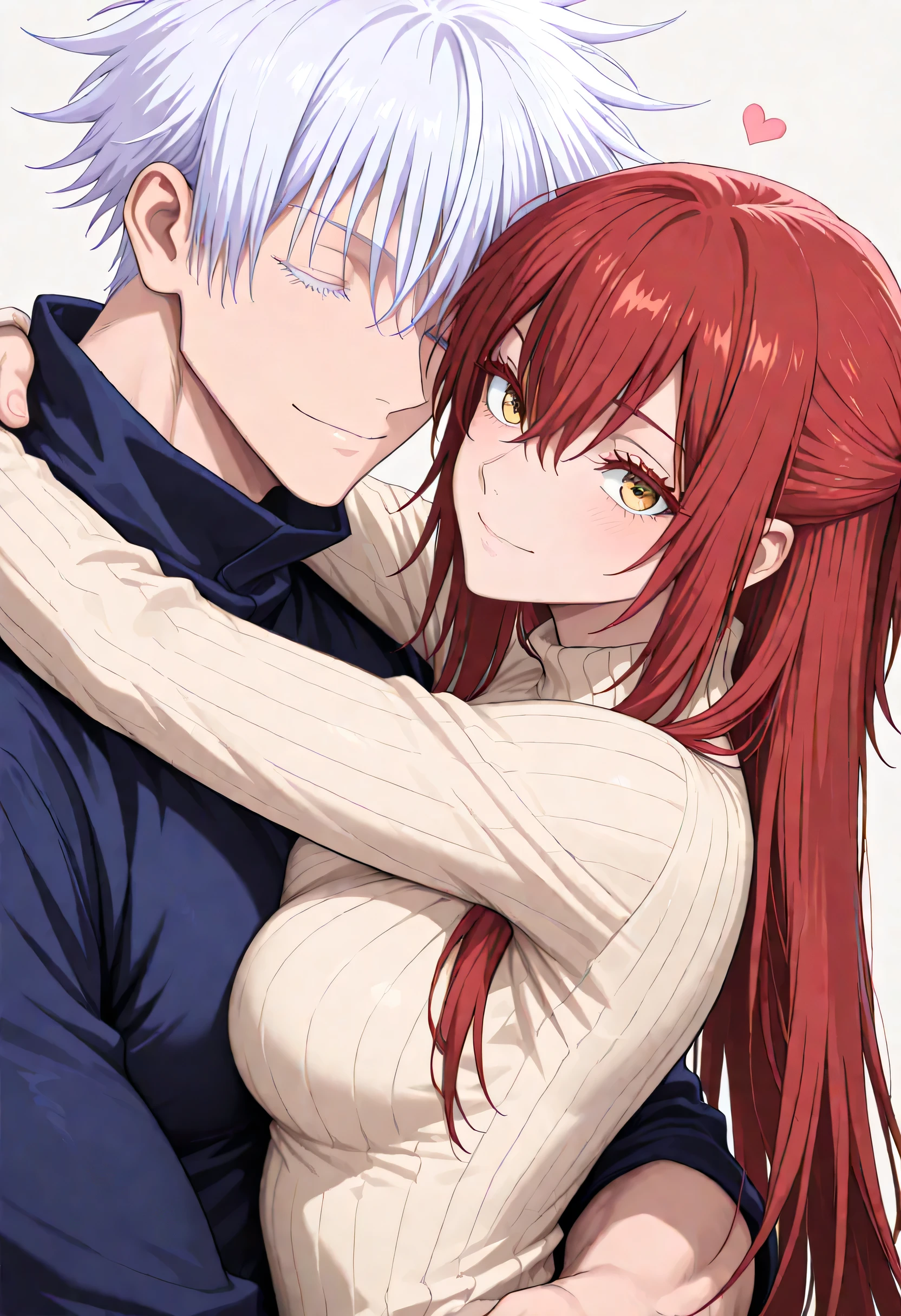 (8k, best quality, masterpiece:1.2), (sharp focus:1.0) , duo focus, couple, hetero, very cute couple, romantic, height differnce, size differenz, dynamic pose, embrace, deep embrace, cuddling, portrait, happy, love, very cute couple BREAK 1 girl , golden eyes , very long hair , long sidelocks, red hair , petite , very cute , beautiful ,Straight hair, cool, handsome, hair between eyes, medium breasts ,half updo, sweater BREAK 1man, gojou satoru /(jujustu kaisen/), closed eyes, white hair, short hair, detailed eyelashes, colored eyelashes, sexy man, trained body, muscular, handsome, cool, mature man, sweater