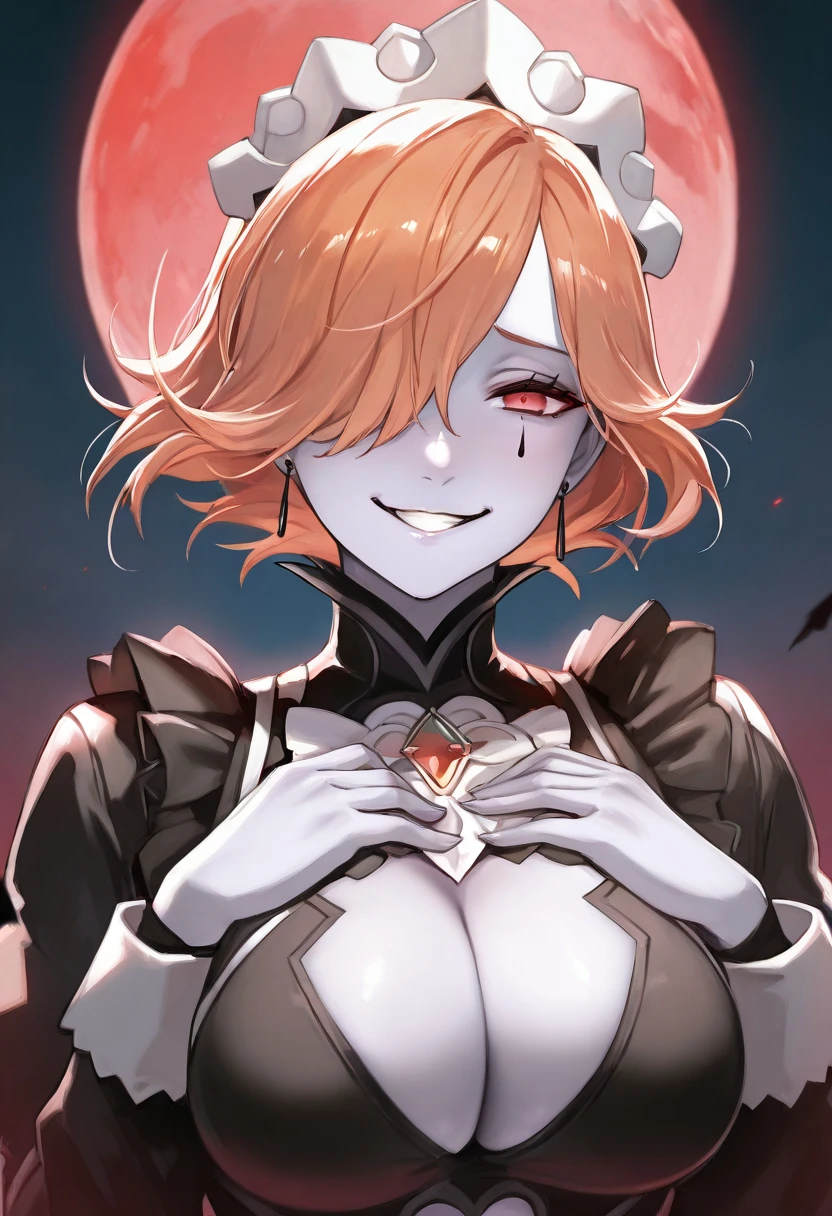 score_9, score_8_up, score_7_up, score_6_up, source_anime, BREAK 1girl, kronya, grey skin, short hair, hair over one eye, facial mark, black leotard, center opening, elbow gloves, fingerless gloves,multiple tails,cowboy shot , large breasts, evil grin, looking at you, night sky, red moon, leaning forward